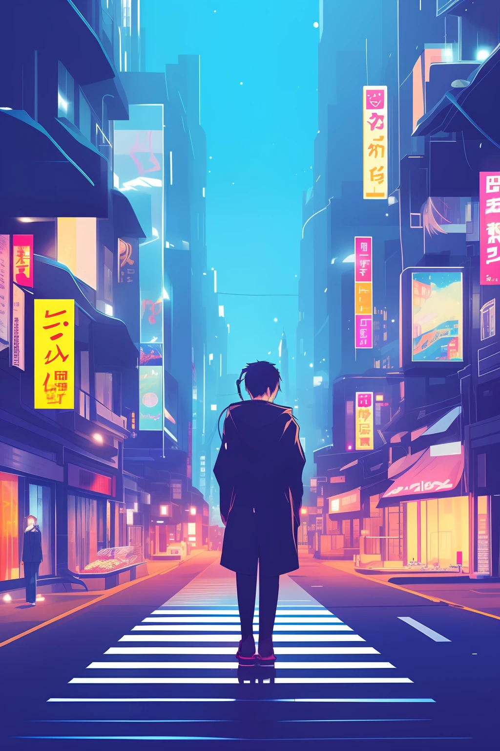 Street,Night city,1人,Put headphones on your neck,parka,Anime style,neuter,monochromes