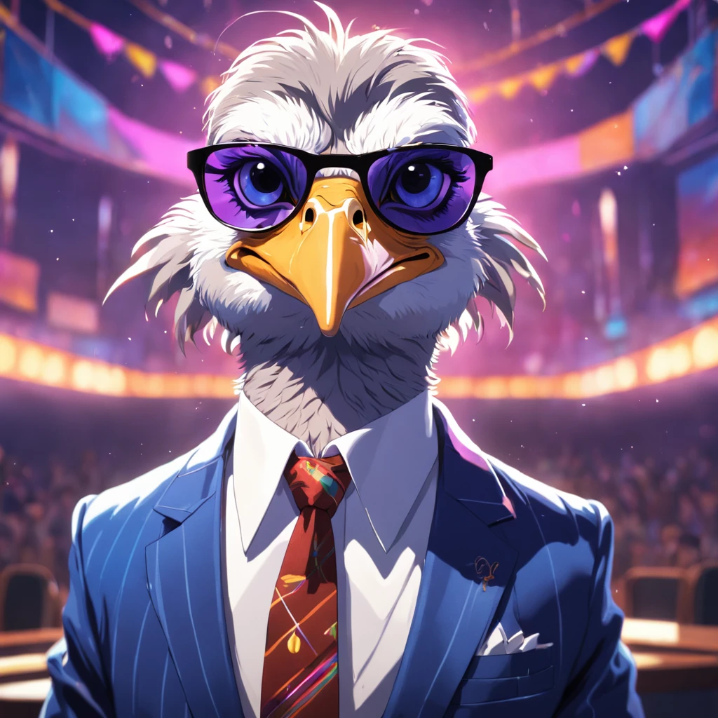 An artful rendering of an ostrich in a business suit and sunglasses, with a bright and colorful background, rendered in 8K hyper-realism.