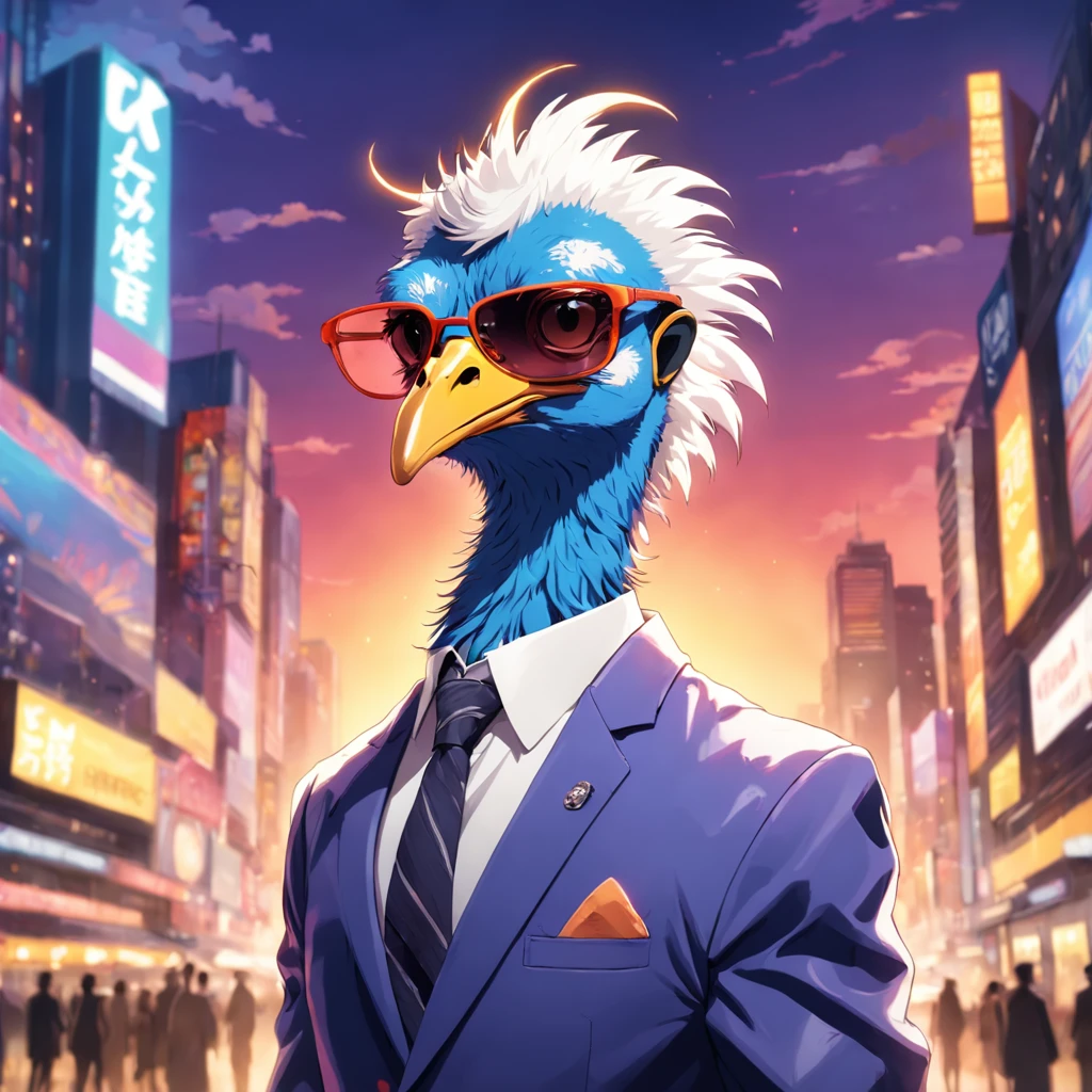 An artful rendering of an ostrich in a business suit and sunglasses, with a bright and colorful background, rendered in 8K hyper-realism.