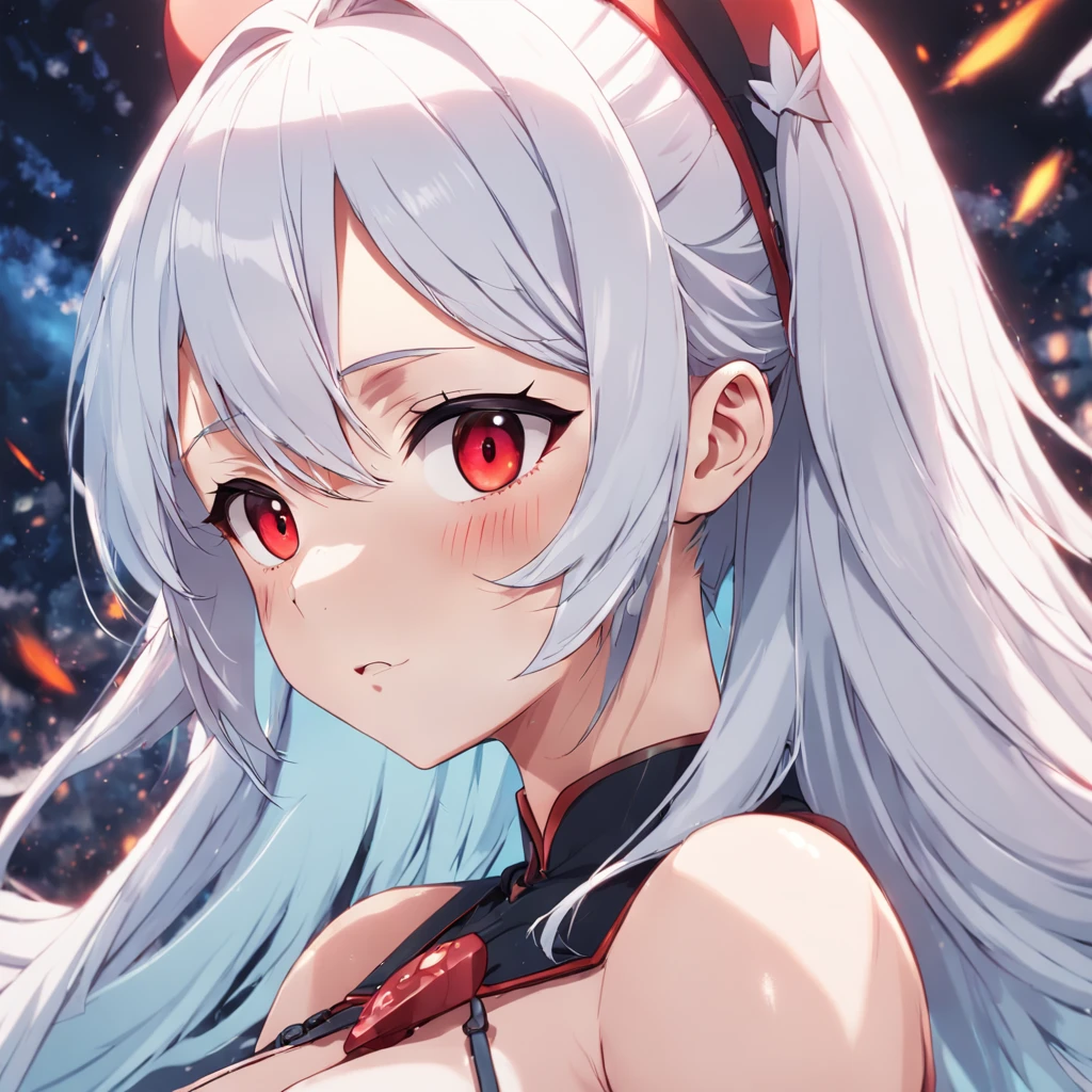 White hair, Earphone, red hairband, Gradient eyes, Sigh, anime big breast, god light, angle of view, hyper HD, Super detail, High details, High quality