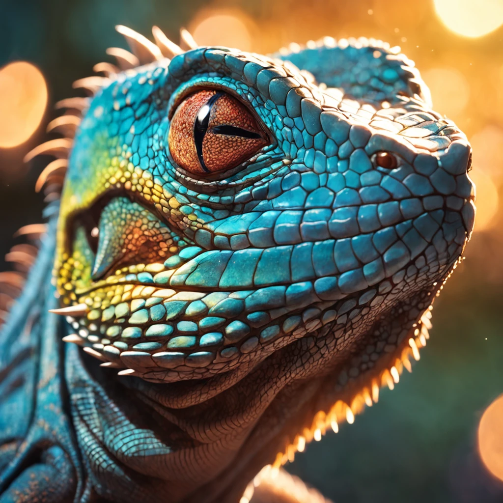"A stunning close-up portrait of an otherworldly lizard, bathed in soft and warm lighting during the golden hour, with a captivating bokeh effect."