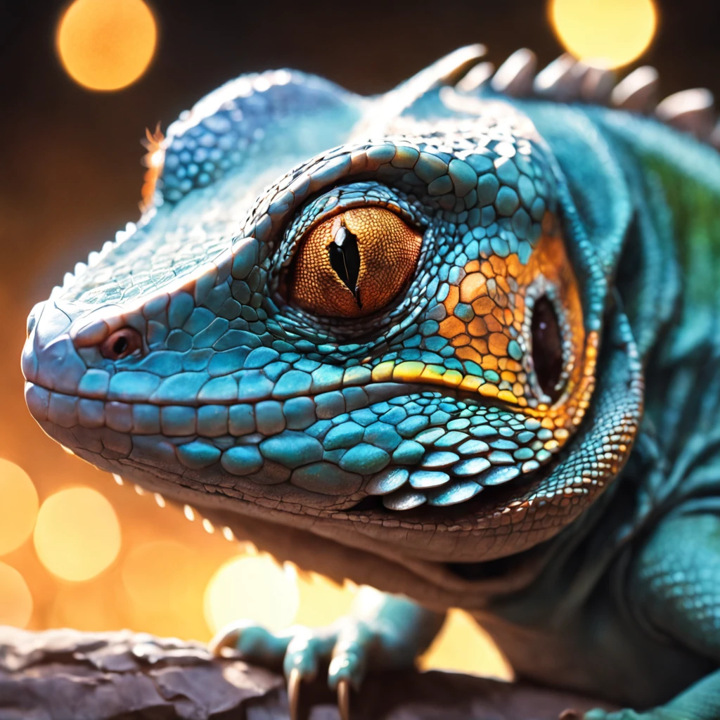 "A stunning close-up portrait of an otherworldly lizard, bathed in soft and warm lighting during the golden hour, with a captivating bokeh effect."