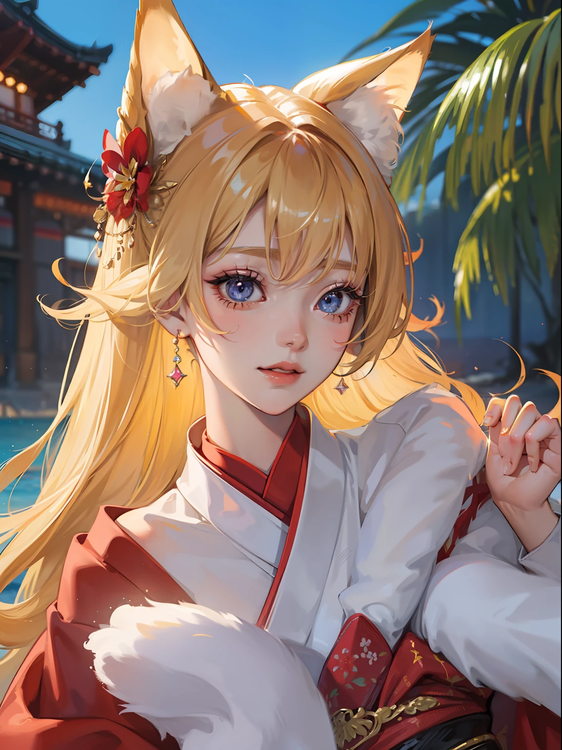masutepiece, High resolution, 8K, anime woman, Delicate and detailed writing 、Detailed digital illustration、Very long hair and shiny、a very beautiful woman、Eyes are double, Large, Slender eyes、Bust is D cup、High image quality, High quality、Detailed background、I'm wearing a hair ornament.、Glittering background、The inside of the eye shines like a diamond、4 fingers, 1 thumb、Detailed female face、Smile、Very beautiful and cute woman、a blond、wearing red kimono、Cool Woman、Fox ears、Rainbow on background、细致背景、masterpiece、Soft Focus , Bright gradient watercolor , Lens Flare , Glitter , Glow , Dreamy , Very clear and beautiful morning sky background