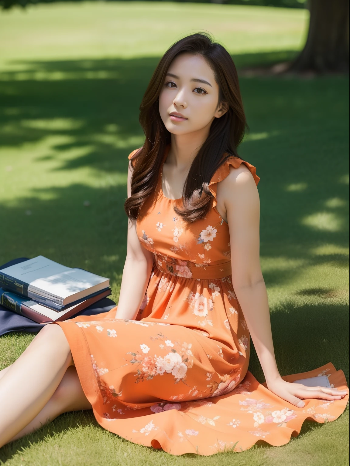 A beautiful student sitting on the grass of the campus，Orange floral long dress，looking at book ，and the sun was shining brightly，depth of fields，high light，Real light，Ray traching，OC renderer，UE5 renderer，Hyper-realistic，best qualtiy，8K，Works of masters，super-fine，Detailed pubic hair，Correct anatomy