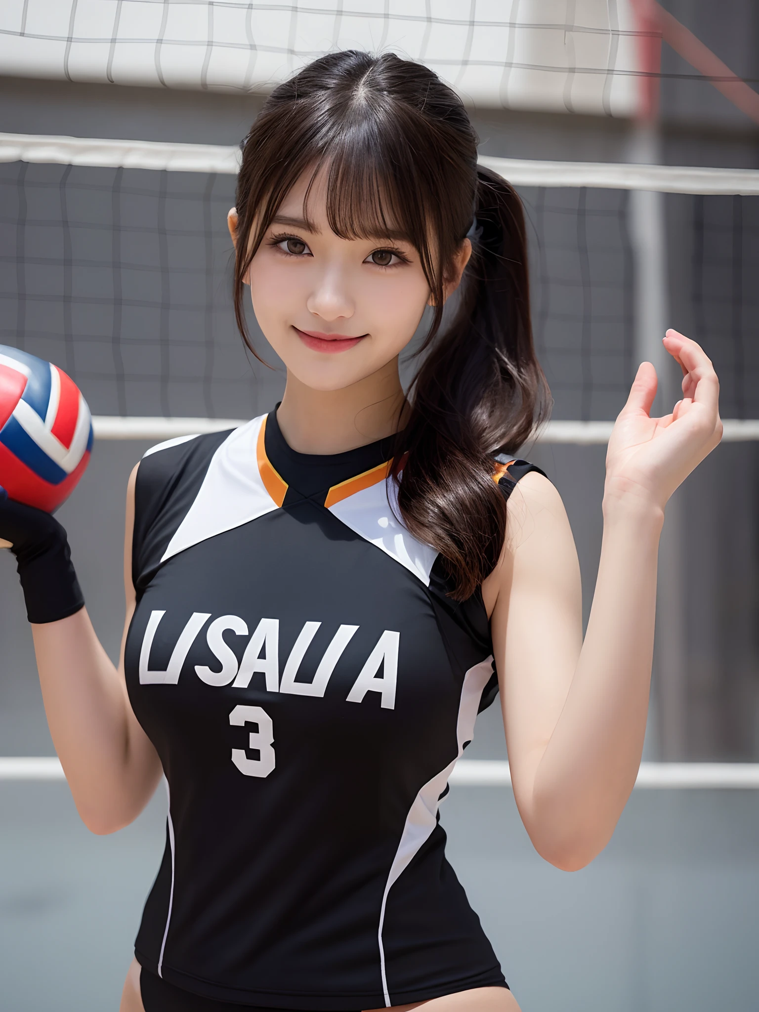 masutepiece、Best Quality、Illustration、 ultra-detailliert、hight resolution、8K Wallpapers、Perfect dynamic composition,、Beautiful detailed eyes、(Black Volleyball Uniforms:1.3)、Black bloomers、Medium Hair、poneyTail、(Beautiful Large Breasts:1.3)、Natural Color Lip、Bold sexy poses、Smile、Harajuku、20 years girl、Cute、Sexy shot looking at camera、Gymnasium、Volleyball Court、is standing、Stretch