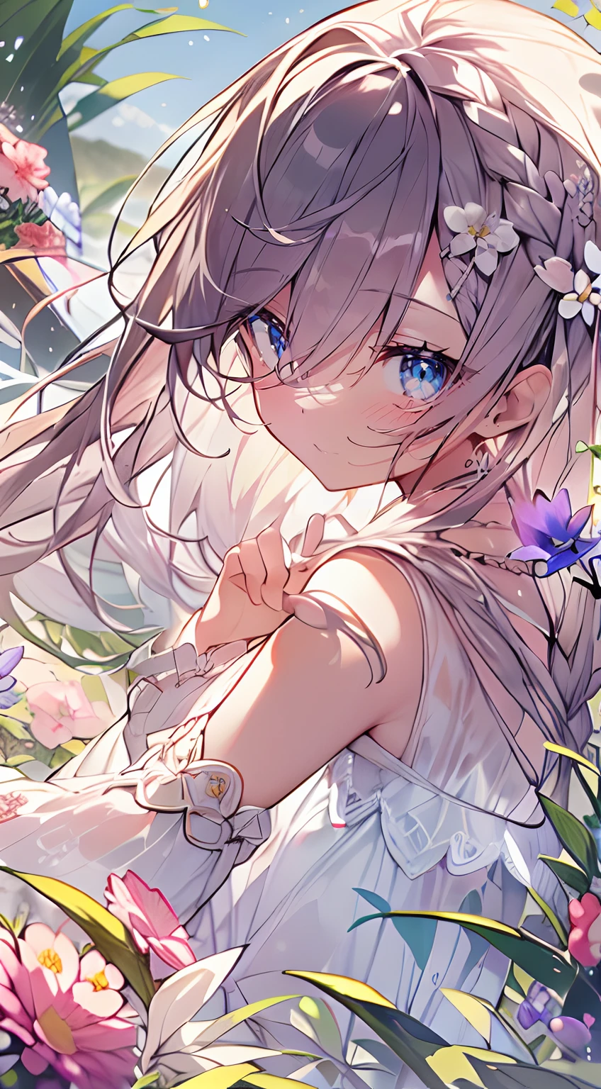 masutepiece, Best Quality,Illustration, Wallpaper, Ultra Detail, Absurd beauty、1 beautiful girl、 (Semi-long hair、short braided hair), Beautiful ultra-detailed eyes , Hair fluttering in the wind、Keep your head small、flower  field、great outdoors、Landscape of the flower garden