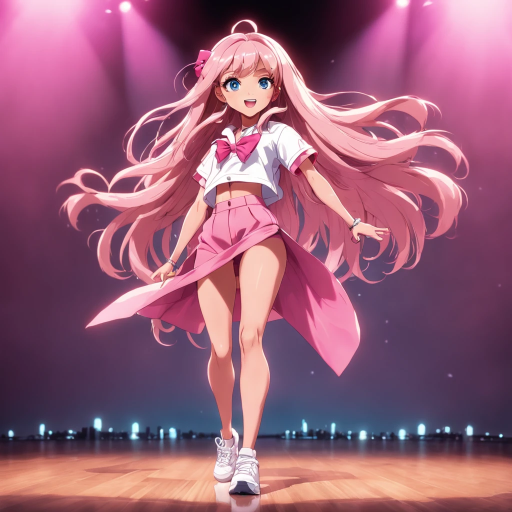 Barbie, ((full body)), blue eyes, smiling face, loose hair moved by the wind, hip hop singer pose, dressed in hip hop style, with pink t-shirt, ((hands modern microphone)), wears a pink bow on her arm, fashion, extremely high quality, high details, 8k, 64k, clean background, in studio, ((full body shot)),