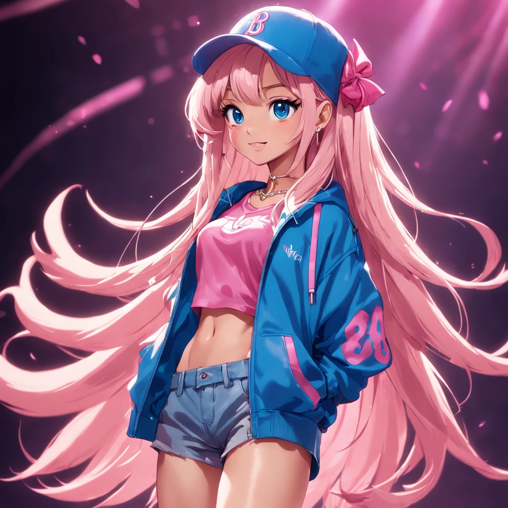 Barbie, ((full body)), blue eyes, smiling face, loose hair moved by the wind, hip hop singer pose, dressed in hip hop style, with pink t-shirt, ((hands modern microphone)), wears a pink bow on her arm, fashion, extremely high quality, high details, 8k, 64k, clean background, in studio, ((full body shot)),