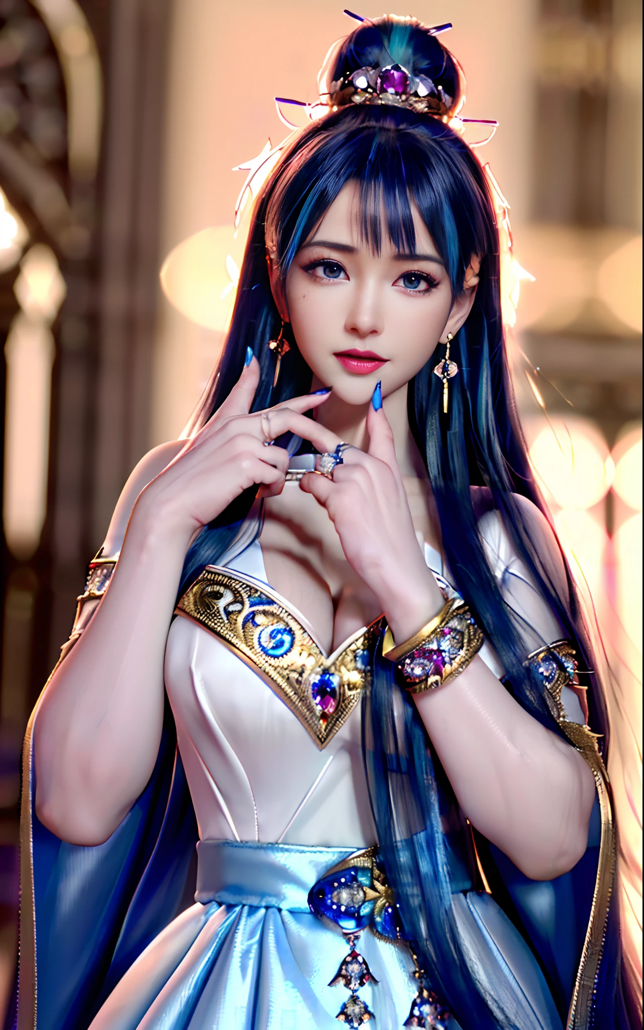 ((realisticity: 1.2)), ((best resolution: 8K UHD)), best quality,masterpiece,highres,cg,
((1 super detailed and super realistic girl)), ((very beautiful queen dazzling, super realistic, and super detailed)), long hair, ((super realistic and super detailed dress)), solo, ((super realistic, super beautiful, gorgeous and super detailed jewelry)), ((super beautiful, super realistic and super detailed dark blue and golden yellow dress)),
((super beautiful, super realistic, super detailed diamond filled earrings)),
((super beautiful, super realistic and super detailed diamond filled hair ornament)), ((super beautiful upper body, super beautiful, super realistic and super detailed)), ((super grand, super realistic and super detailed royal palace backgroun))
((super beautiful, super beautiful, super realistic and super detailed hair bun)), ((super beautiful, super realistic and super detailed blue hair)),
candid, Photograph, high resolution, 8k,Bokeh,