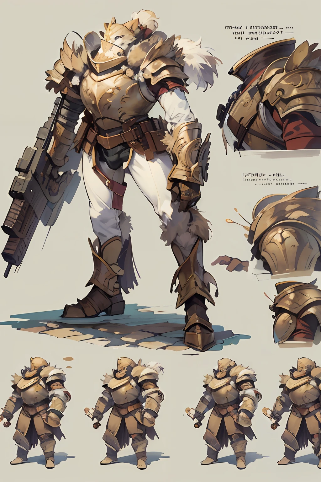 Game character standing drawing design，Disney animation，style of disney animation，an heavyknight，Quaint and heavy armor，Fur shoulders，Stout limbs，Muscle explosions，Equipped with huge riding guns，Different layers overlay，Different angles，（Left view full body：1.4），solid color backdrop，clean backdrop，depth of fields，high light，Real light，Ray traching，OC renderer，UE5 renderer，Hyper-realistic，best qualtiy，8K，Works of masters，super-fine，Detailed pubic hair，Correct anatomy，