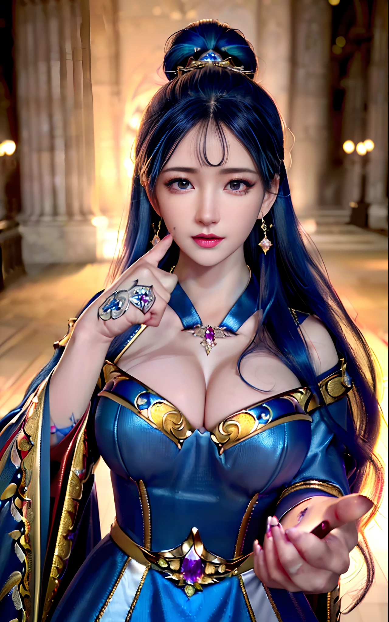 ((realisticity: 1.2)), ((realistic: 8K UHD)), ((best resolution: 8K UHD)), hyper detailed, best quality,masterpiece,highres,cg, ((1 girl hyper detailed and hyper realistic) ) , ((beautiful queen, hyper realistic and hyper detailed)),((white skin, beautiful, smooth, youthful, hyper realistic and hyper detailed )), ((Face hyper beautiful, white, hyper realistic and hyper detailed ) ), long hair, ((hyper realistic and hyper detailed dress)), solo, ((hyper realistic, hyper beautiful, beautiful and hyper detailed jewelry)), ((hyper beautiful deep red and golden yellow dress, hyper realistic and hyper detailed )) , ((Her pretty, hyper realistic, hyper detailed diamond filled earrings)), ((Her gorgeous diamond haircut, hyper realistic and hyper detailed)), ((hyper pretty upper body, hyper beautiful, hyper realistic and hyper detailed) ), ((medium breast: 1.1)), ((hyper realistic, hyper pretty, hyper detailed boobs)), ((the backgroun of the royal palace is hyper majestic, hyper realistic and hyper detailed)),((hands and palms hyper beautiful, hyper detailed, hyper realistic)), ((hyper detailed and hyper realistic fingers and fingernails)), ((hyper pretty fingernails, hyper vivid, hyper detailed, hyper realistic)), ((thumb, index finger, middle finger, ring finger, little finger hyper vivid, hyper pretty, hyper detailed, hyper realistic)), ((hyper beautiful fingers, hyper detailed, and hyper realistic)), ((posture not too fat and not too thin, hyper realistic, hyper detail)), ((hyper pretty, hyper pretty, hyper realistic and hyper detailed hair bun)), ((hyper pretty , hyper realistic and hyper detailed blue hair)), candid, Photo, high resolution, 8k , bokeh,