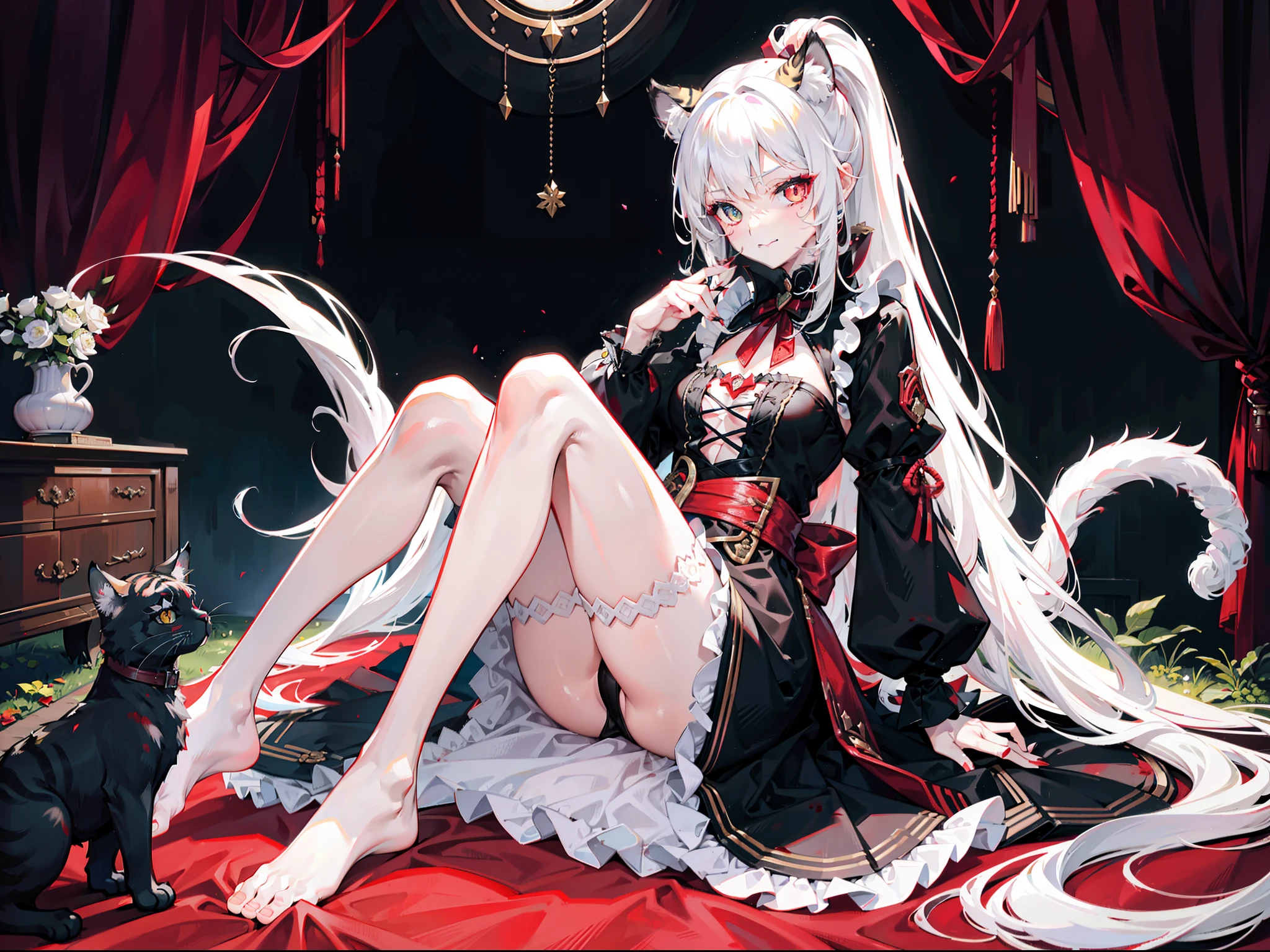 Beautiful girl with white hair,curlies,High ponytail,cat ear,Beast Girl,He was dressed in bloodstained clothes, Red and black ta long dress,A knife hidden in clothes,open waist,White stockings stained with blood,without wearing shoes,assassins,Sunny smile,Wine next door,Bodies are everywhere,dark stormy clouds,the night,Dimly lit,抖S,Full body photo,Extremely thin,extremely hyper,assassins,The legs are very thin,Best quality at best,High- sharpness,tmasterpiece,Holding a blood-stained short knife,His body was covered in blood,Sick,Heterochromic pupils,morbid,murderer,Heterochromic pupils,being thin,Be covered in blood,Bodies are strewn across the field,blood vess,Cat demon,Extremely long and very large cat tail,Leprechaun,Cat woman,seductiv,The complexion is flushed,Tilt head movement,Lie on your side in a medieval European noble castle full of black cats,Medieval theme,Sharp cat's claws,Stick out your tongue,Tiger Tooth,Tiger Tooth,Tiger Tooth,Tiger Tooth,With a petite figure,Holding a black cat in his hand,The background is night,Poor milk,Small chest,Extremely thin