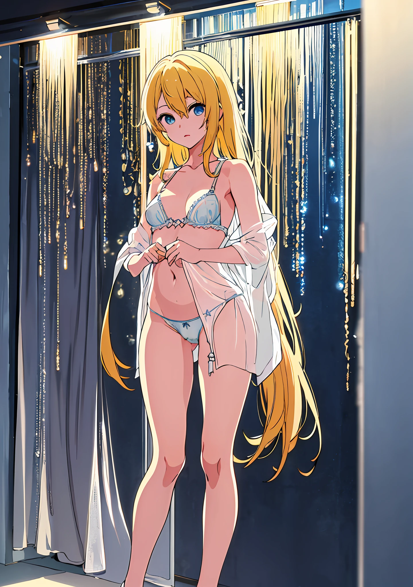 "(A true masterpiece with the best quality), featuring a female version of aquamarine hoshino from oshi no ko in nsfw lingerie, looking shy but also showing off her beauty. She has long yellow hair and very detailed blue eyes. She has a small face and large eyes which shows off her cute face. She has a medium-sized chest and a captivating , with panties e slightly see-through and revealing. The hint of a nip adds an extra layer of sensuality to this stunning image."