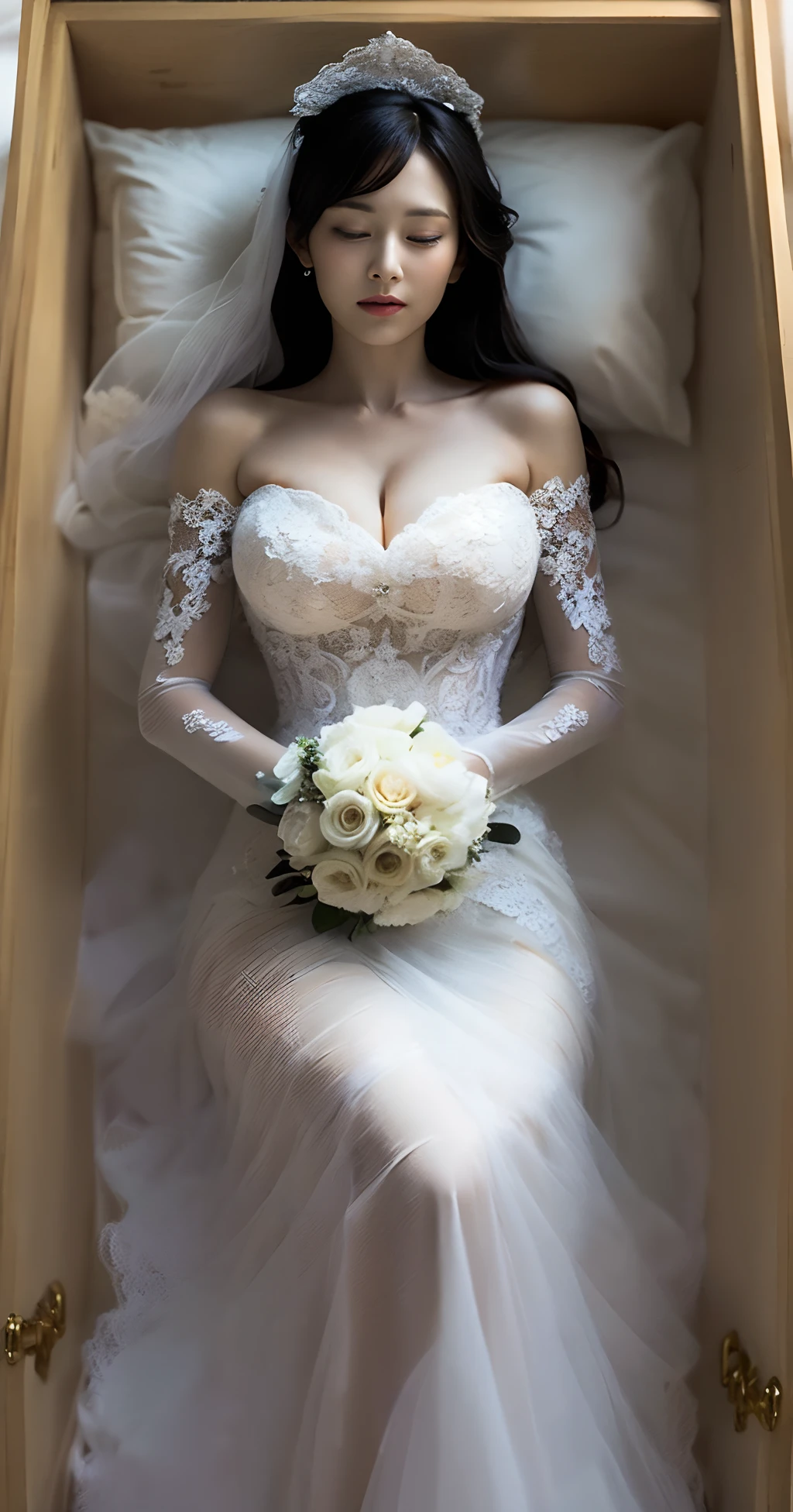 1girl, solo, wooden casket, girl sleep in casket, girl laying in casket, eyes closed, closed mouth,(interlocked_fingers:0.961), (own_hands_together:0.971), (straight:0.971), (own_hands_clasped:0.961), (absolute cleavage), straight body, straight legs, big boobs, round breasts, (full body viewed), (sexy breast), (sexy cleavage), (around the casket is a wreath of flowers), (((black hair))), ((blonde hair)), ((wearing a white tulle suspender wedding dress with flower-shaped lace and pearl embellishments and a long sleeve)), ((maid dress)), ((long dress)), head on pillow