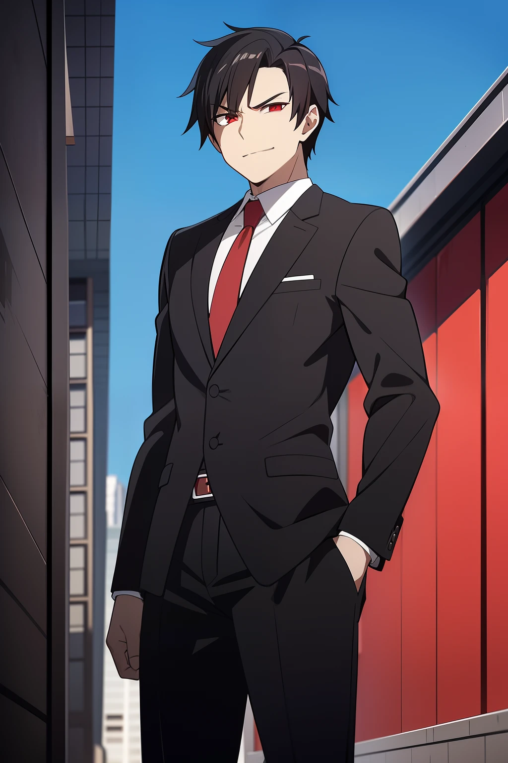 red eyes,black suit, red tie, battlefield, very short black hair, evil smirk, man