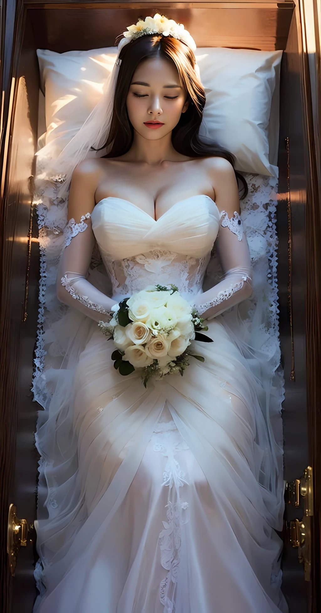 1girl, solo, wooden casket, girl sleep in casket, girl laying in casket, eyes closed, closed mouth,(interlocked_fingers:0.961), (own_hands_together:0.971), (straight:0.971), (own_hands_clasped:0.961), (absolute cleavage), straight body, straight legs, big boobs, round breasts, (full body viewed), (sexy breast), (sexy cleavage), (around the casket is a wreath of flowers), (((black hair))), ((blonde hair)), ((wearing a white tulle suspender wedding dress with flower-shaped lace and pearl embellishments and a long sleeve)), ((maid dress)), ((long dress)), head on pillow