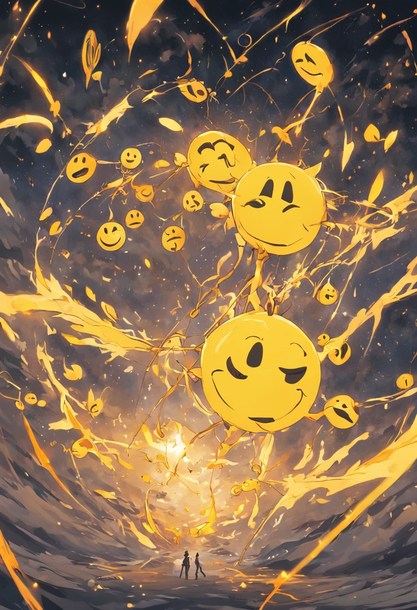The classic yellow smiley face pattern is combined with a quantum entanglement diagram to form a pattern