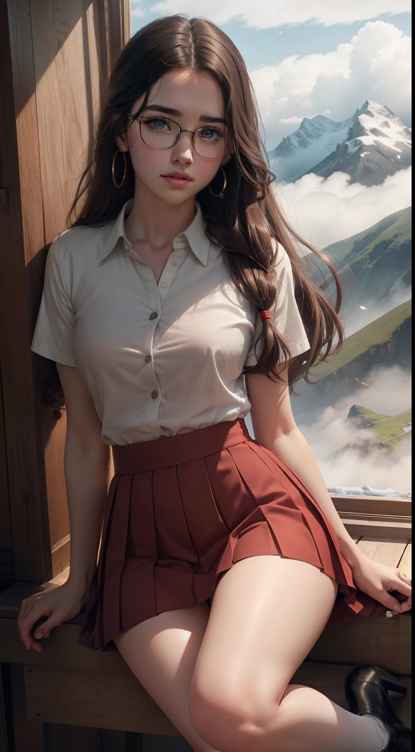 Beautiful young Margaret Qualley, , white skin, eyeglasses, large ankle earrings, female school uniform, pleated skirt, wear tights, high heels, midday sun, hyperrealistic, model body, small breasts, beautiful breasts, long hair, Straight hair, red-tipped hair, long legs, 8k, 超High resolution, best quality, on the frozen mountain, RAW portrait, photorealistic, cherry blossom, ambient lighting, detailed shadows, camera focus on thighs, sexy pose, a large amount of cloudy liquid oozes from the genitals, strong wind, gentle fog