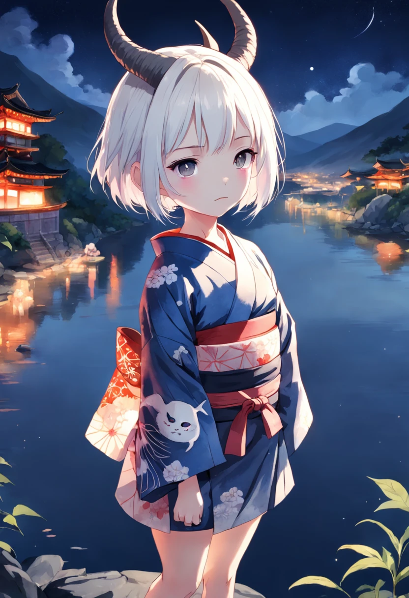 sfw, watercolor illustration, perfect anatomy, masterpiece, best quality, 1girl, 10yo, loli, solo, (white short hair:1.2), looking at viewer, (oni:1.1), (horns:0.8), kimono, nature, night time, from above, standing by the riverside, landscape