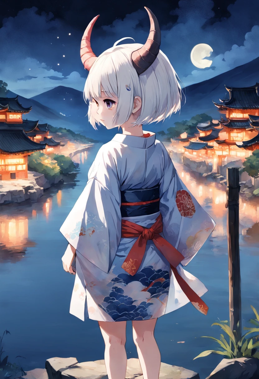 sfw, watercolor illustration, perfect anatomy, masterpiece, best quality, 1girl, 10yo, loli, solo, (white short hair:1.2), looking at viewer, (oni:1.1), (horns:0.8), kimono, nature, night time, from above, standing by the riverside, landscape