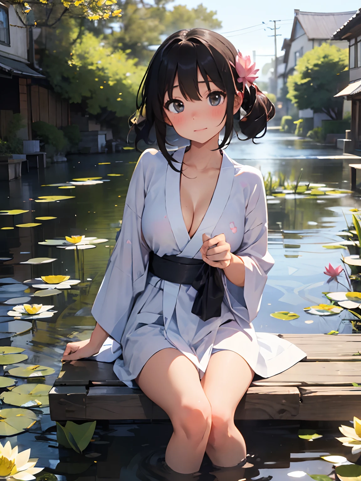 1girl, solo, beautiful, cute, perfect girl body figure, light coloured kimono with flower pattern, red blush, full body, flower petals, beautiful background, cleavage, boobs, long kimino with floral pattern , sitting near a pond with her feets in Shallow water, lotus flower and flower petals in water, from front, holding a lotus in her hand, countryside village, looking at the lotus in her hand