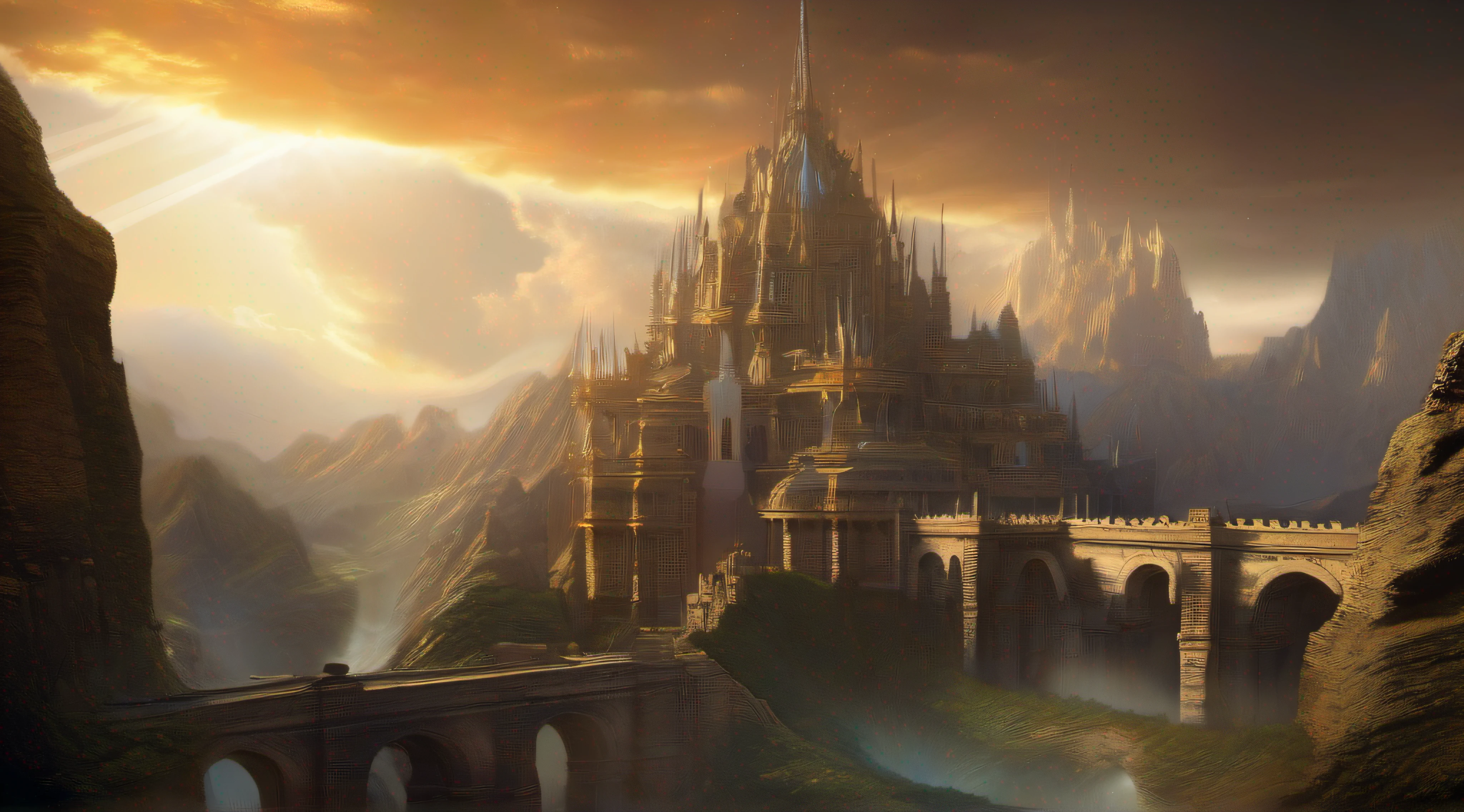 "(by Greg Rutkowski: 1.2), (masterpiece), (best quality), extremely delicate and beautiful, illustration, (fantasy landscape), depth of field, HDR, intricate, delicate, (No human presence), photorealistic depiction, live action feel, creating a visual masterpiece with the best possible quality. (Highlighting the fantastic elements of dwarven city, emphasizing the effects of collapse and severe weathering). Providing a distant view that captures the grandeur and atmosphere."