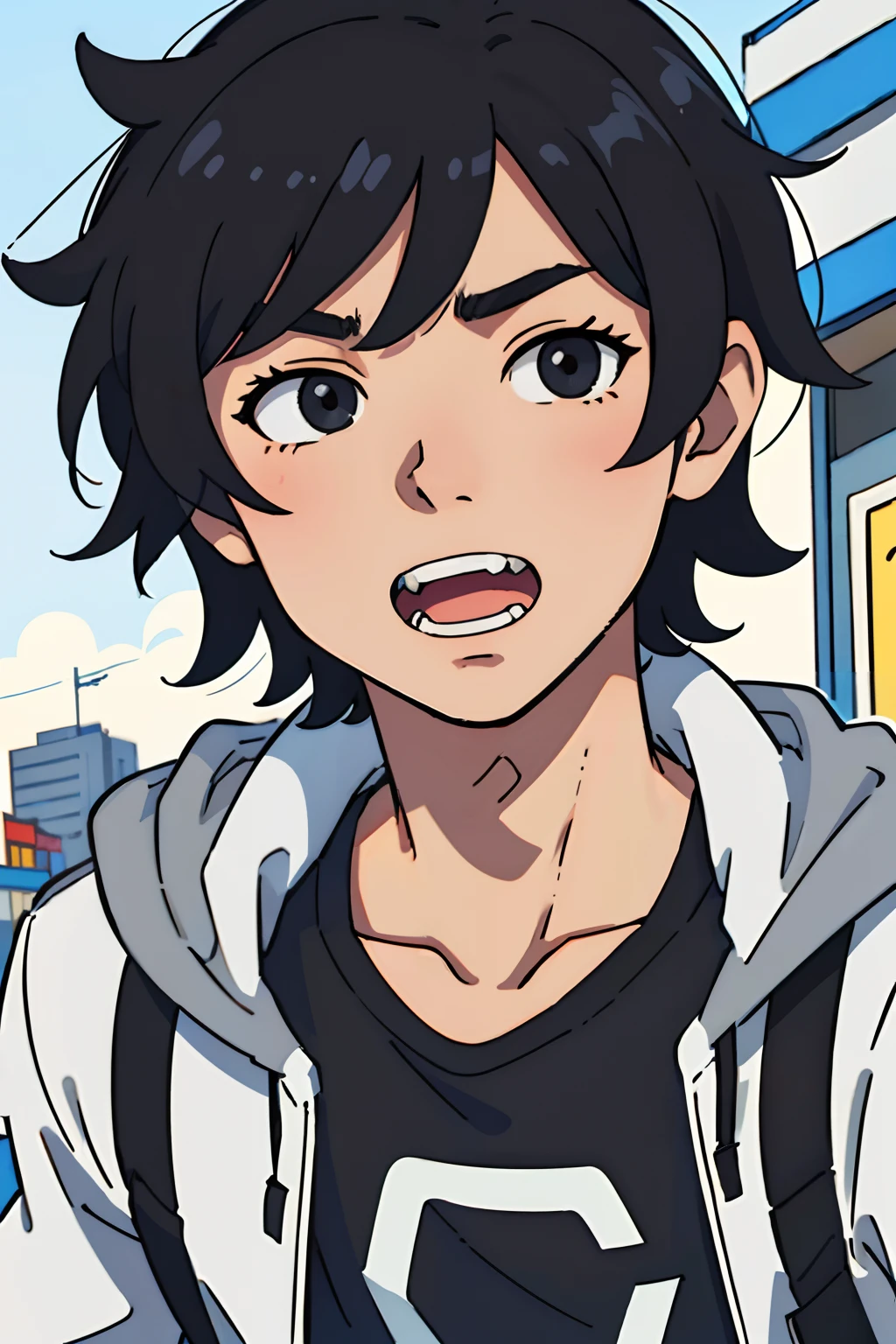 (best qualtiy:0.8),(best qualtiy:0.8),Perfect anime illustration,Extreme close-up portrait of a handsome sunny teenager walking through the city(shoun)(with short black hair)(Hair Very Short,No wolf tail)(Sunny and handsome)(Open mouth laugh)