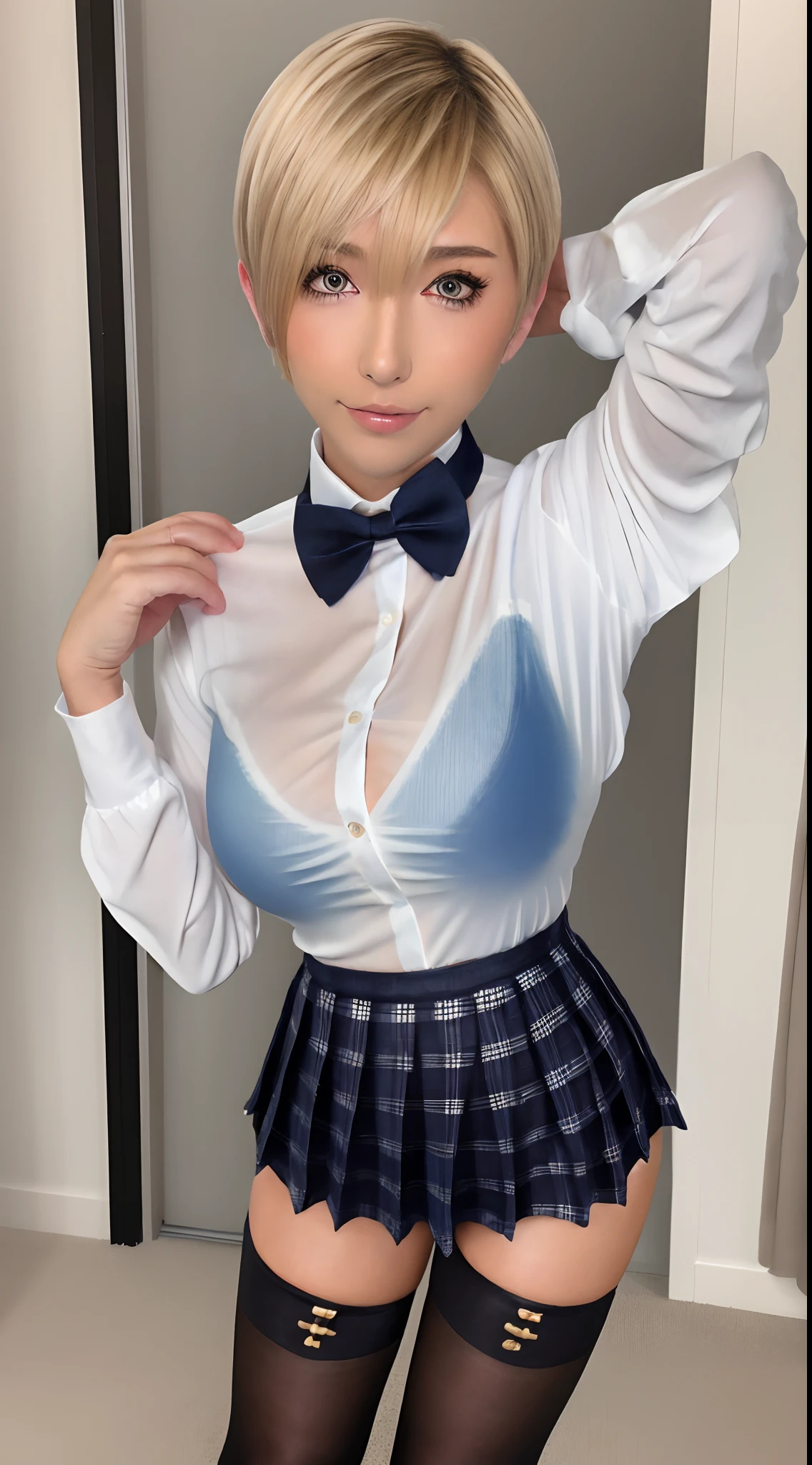 (8K, 超A high resolution, Best Quality, masutepiece:1.2),(18year old:1.2)、(Look away)、8K、RAW portrait of japanese girl、Photorealsitic、超A high resolution、top-quality、 (huge-breasted、Close all buttons on the shirt:1.4)(student clothes、Pure White Cutter Shirt、Blue Check Pleated Mini Skirt:1.4)、(on the road:1.2) BREAK (Natural Skin Texture、Detailed skin、Hyper-Realism、ultra sharpness)、intricate detailes、depth of fields(Put a white shirt inside the skirt:1.3)、Show the armpits、Plaid Pleated Micro Mini Skirt(Blonde short-haired、Shiny legs、Black loafers、Black stockings:1.3)