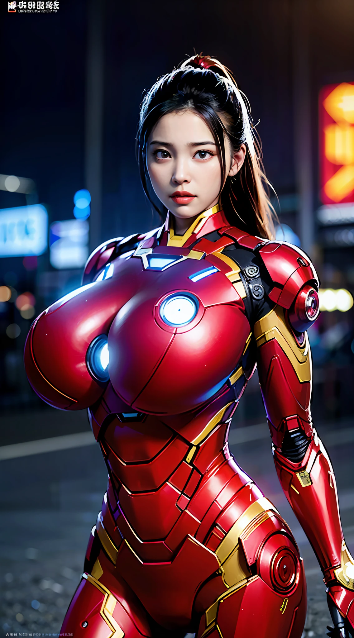 8K,realisticlying,Glamorous,The is very detailed,A 20-year-old girl,(((huge tit))),(((ridiculously huge breasts))),a sexy and charming woman,(((huge tit))), (((ridiculously huge breasts))),inspired by Iron Man,(((huge tit))),(((ridiculously huge breasts))),Wearing a shiny Iron Man mech。She dresses to show sexiness and confidence,It perfectly interprets the power and charm of Iron Man。Abandoned warehouse as background,It creates a unique atmosphere,Highlight her bravery and perseverance。Buildings、Small building on the street,Exudes cyberpunk charm,The glow of neon lights outlines the city,It brings out the great power and personality of Iron Man。This one is high definition、High-quality images will give you a stunning visual enjoyment,Will be sexy、Futuristic and sci-fi elements are a perfect combination。oc rendered,dramatic lights,Award-winning quality,(((huge tit))),(((ridiculously huge breasts))),