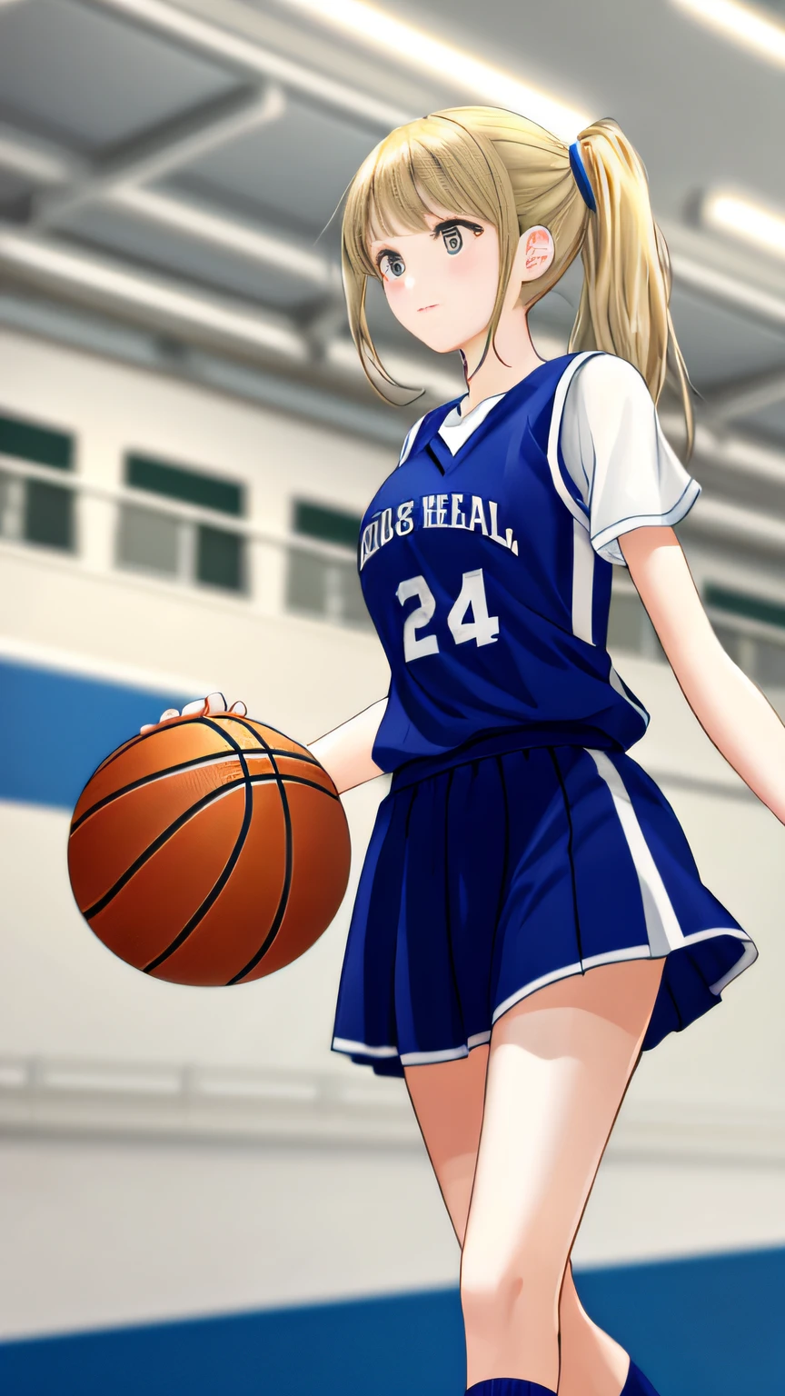 High school girl playing basketball in gymnasium、School gym clothes、blue clothing、a blond