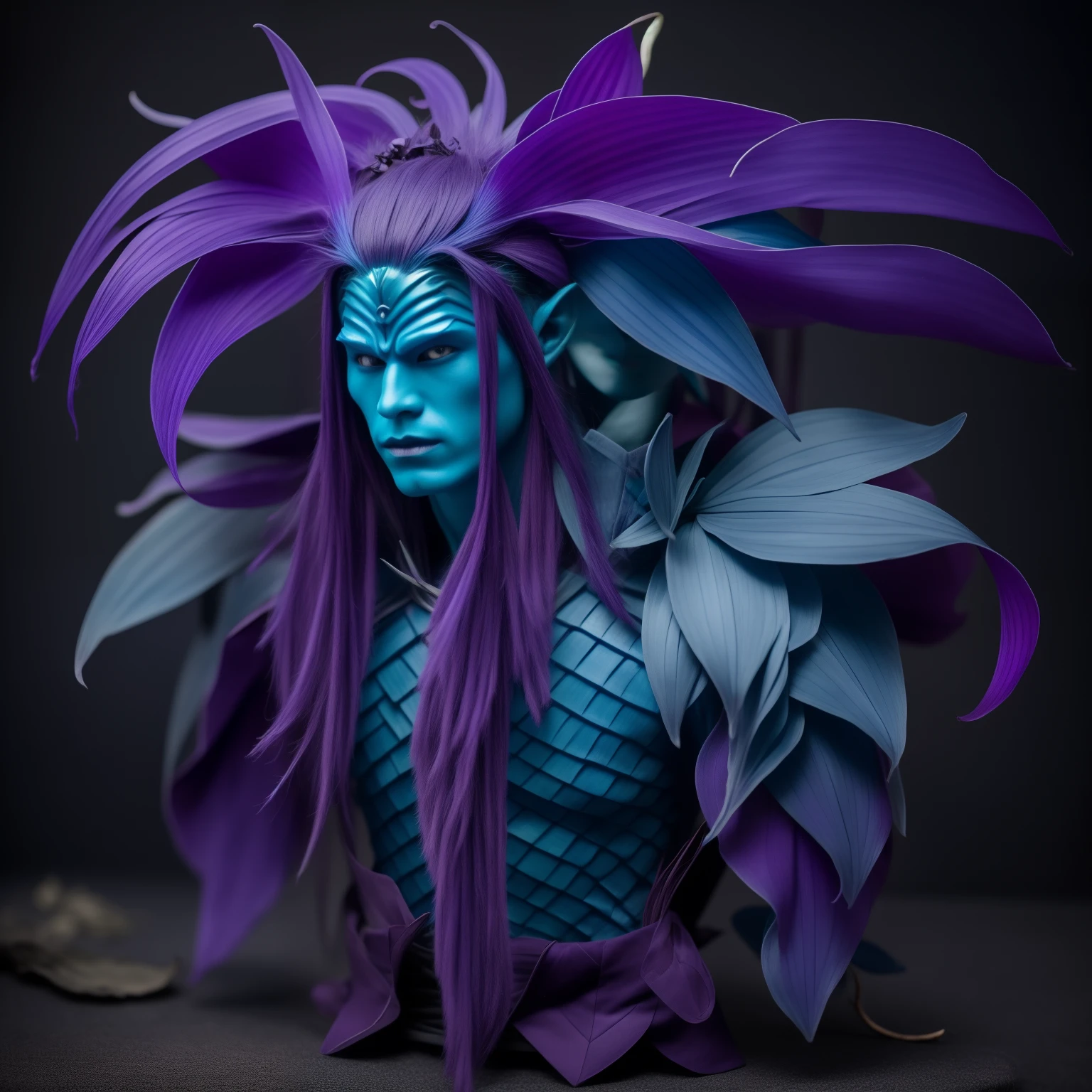 monster plant humanoid male , blue plant skin , hair orchid purple color , blue leaf ears , Chinese magician's clothing , trace of rpg fantasy