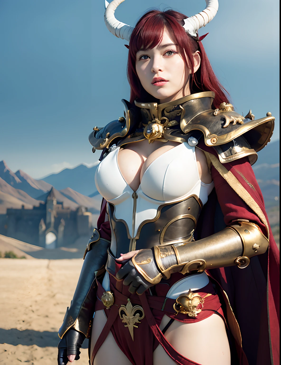 (masutepiece), Professional , masterpiece、top-quality、photos realistic , depth of fields 、(Dragon White Metal Body:1.9),(Enamel white、(cleavage of the breast)、Dragon Gold Weapon(Dragon Gold Metal Body:1.4),Gorgeous gold weapons ,(( Dragon's dense and gorgeous sword)) , (demonic wings) ,warhammer 40k , adepta sororitas、((Red hair))、(Castle background)、((Gangle's forest background))、Beautiful Caucasian beauty、1a person、dynamic ungle,(((Two devil's horns on the head)))、Smaller head、Strange smile、Thin and beautiful female hands、cleavage of the breast、Soldier in iron armor on background、Mystical expression、Light Effects、intense fighting、Wind-effect、magic circles、With the legendary magic wand、Dragon's tail、
