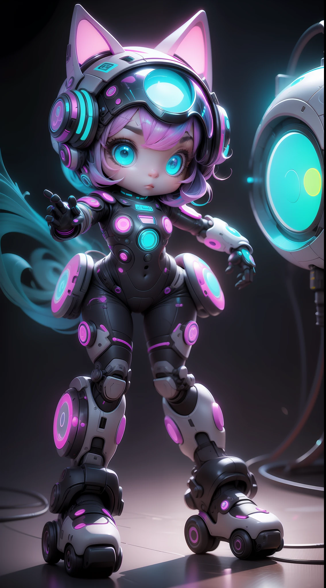 Robot girl in rollerblades on dance floor, 80' style, Disco ball above, groovy, Cool cat, Neon colors, Neon light, 8K, High quality, 80' style, synthetic wave