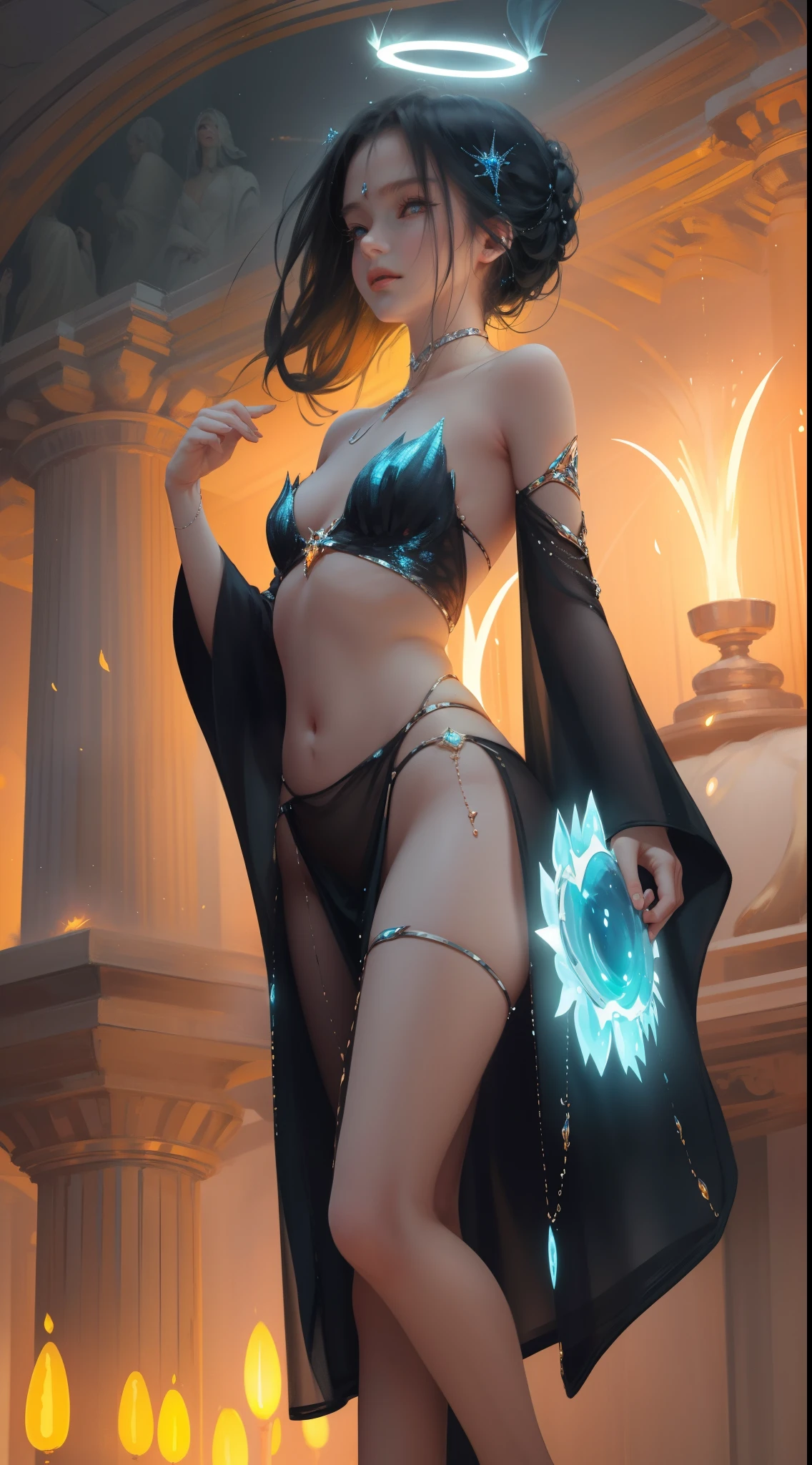 ((Bestquality)), ((A Masterpiece)), ((realisti)), portraits,1girle,full body portrait, celestial bodies, The god, a goddess, Light particles, Halo, looks at the viewer, Firm eyes, Bare Shoulders, Chest tube parietal, Poker face,(bioluminescense:0.9 girls 5)Ocean, bioluminescense, full of energy, colorful,,,,, colour, (bioluminescence, bioluminescence),(Beautiful composition), Cinematic Lights, Wheels within wheels, (symmetric:0.5 girls), Whimsical,
