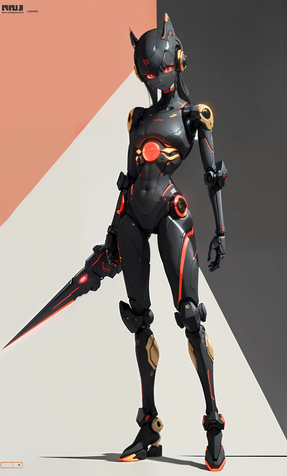 Full-body humanoid robot, Futuristic style, With refined features, Has a sporty body type, Has a symmetrical body, gold body，Black and red touch, Slim body on black background with neon touch, Has a detailed symmetrical surface, ultrasharp, ultra-realistic realism, angle from side, octave render, 8K.