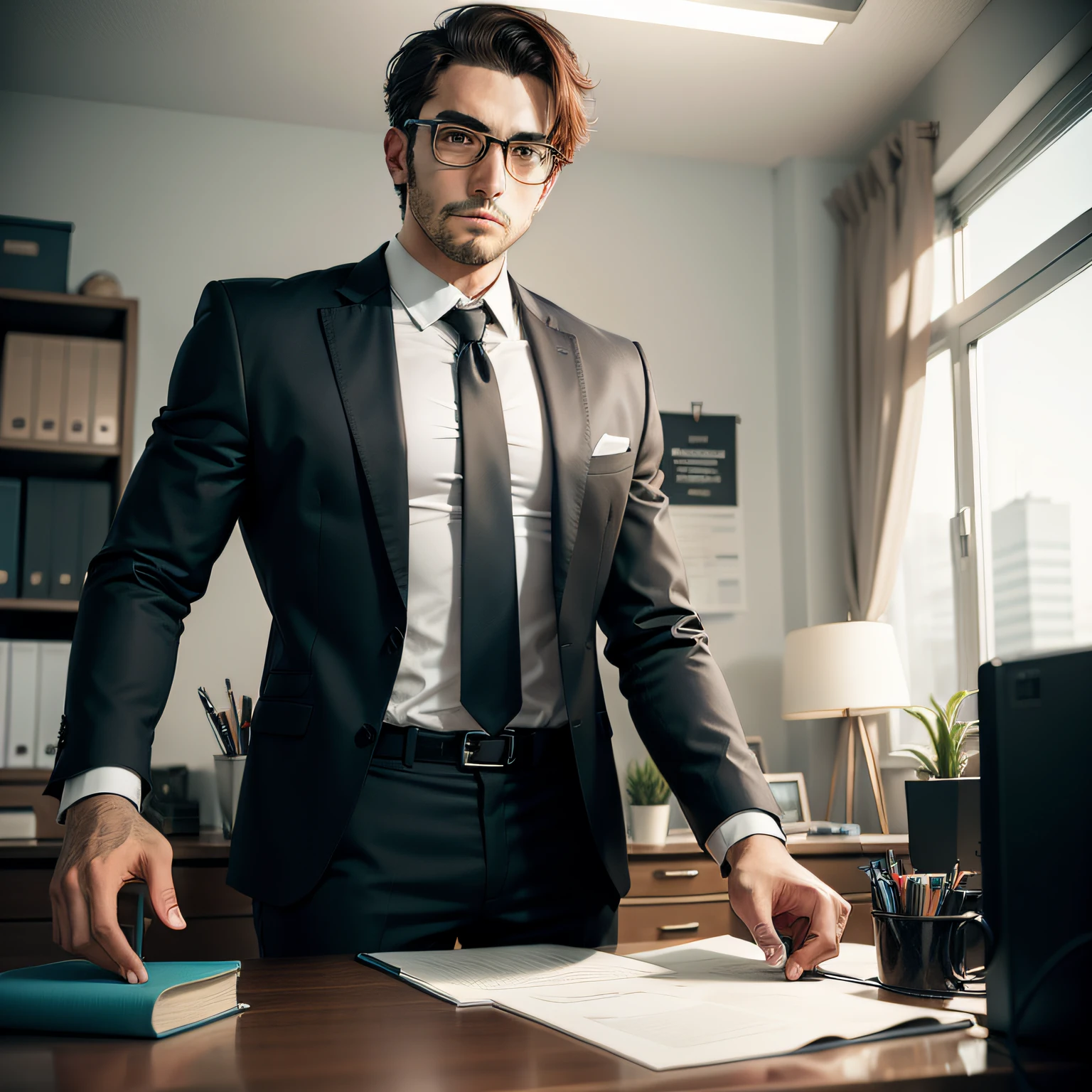 man in business attire in an organized office, in front of a clean desk