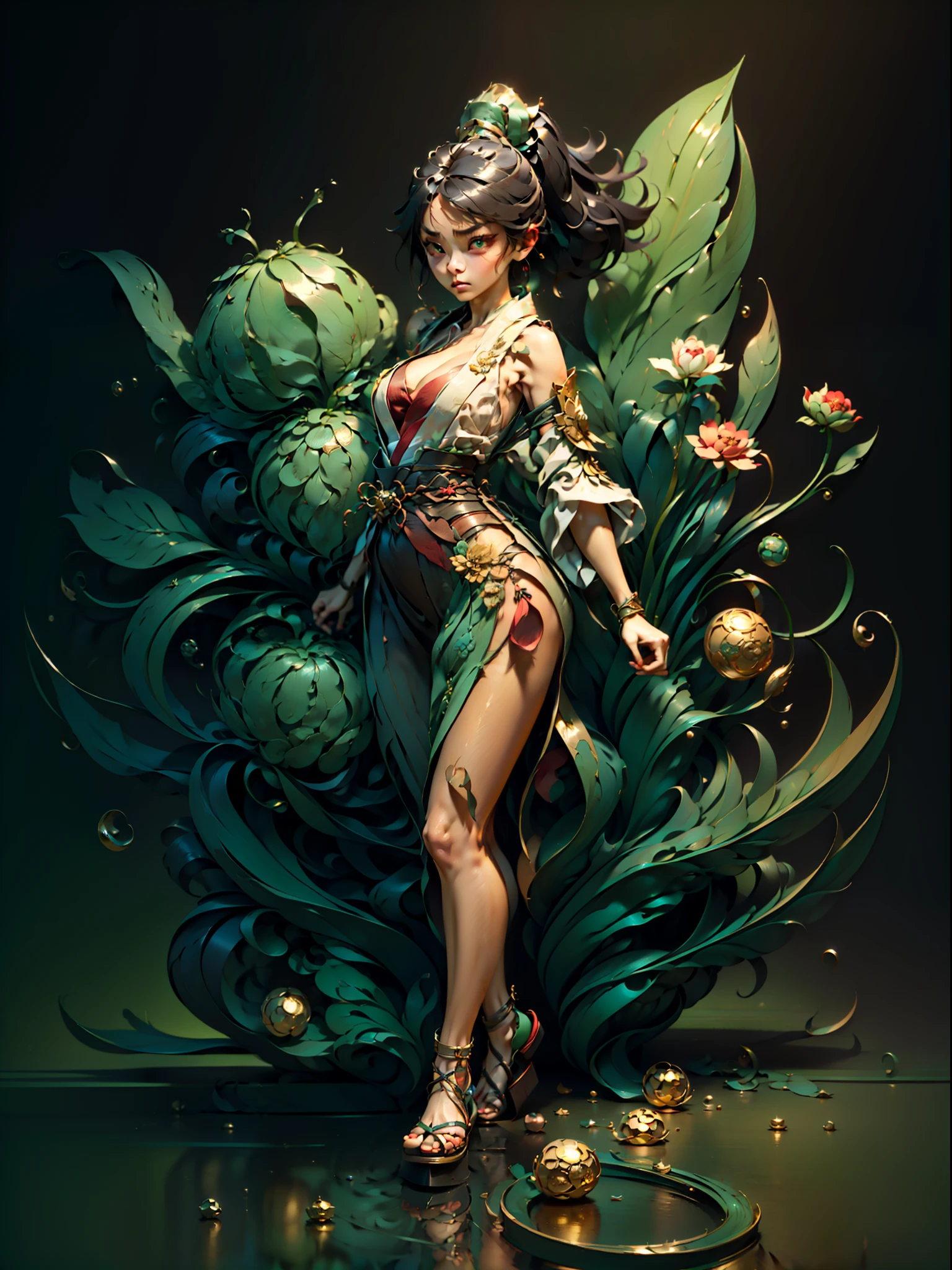 ((((exposed shoulders, exposed cleavage, exposed thigh, exposed hips, green-eyes, wear strappy sandals, human human Japanese female, high-pony tail hair, big eyes, thin lips, thin nose, full body view)))), kimono,，Palm dancer Zhao Feiyan，A small pet，Figures，blindbox，（Disney style），high qulity，high detal，（super-fine），16K resolution，（Macro lens），（（Works of masters）），（（Full body like）），（Figure Model Basics），（Ray traching），((predominated gold, red, black))