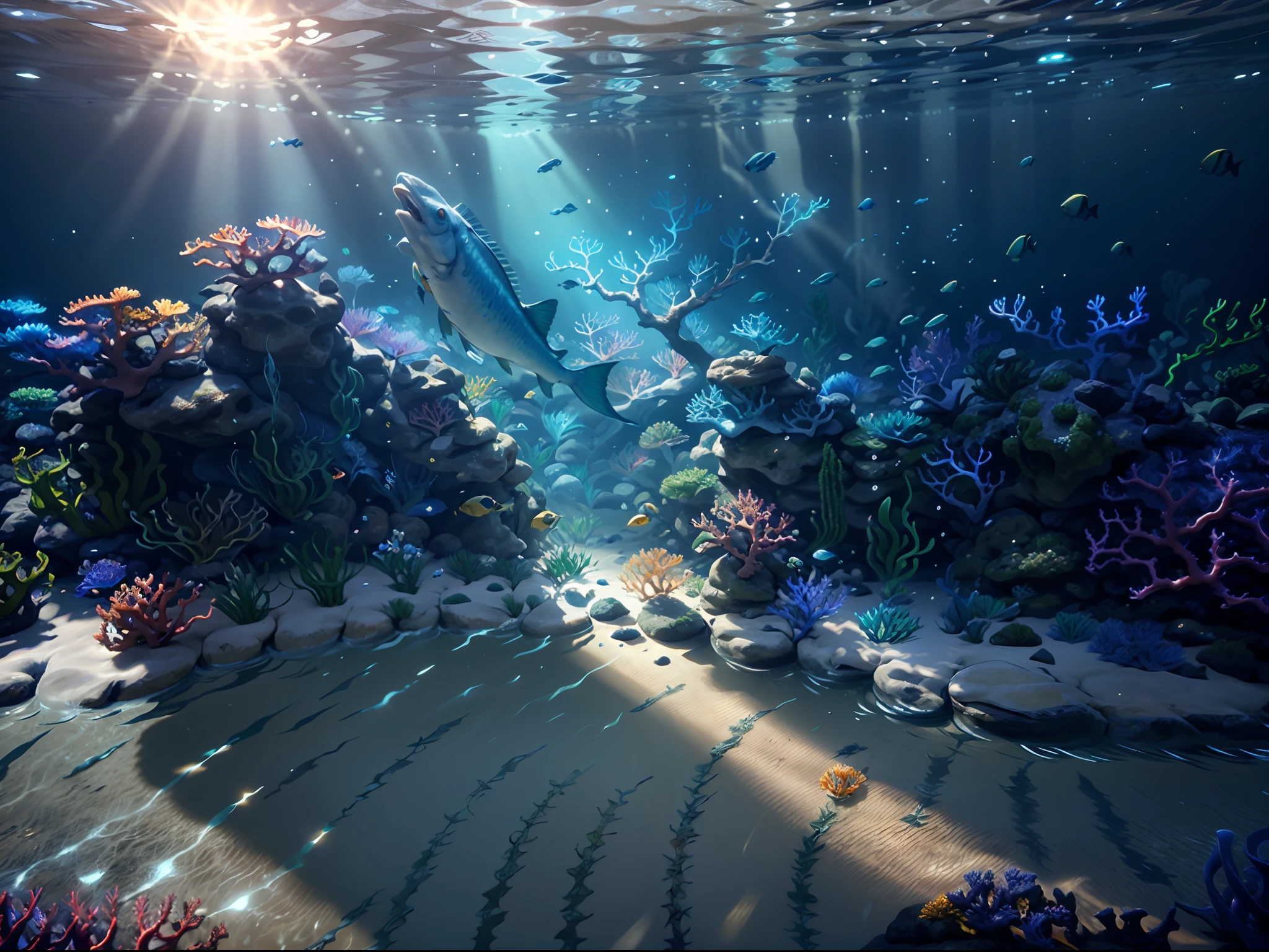 an underwater game scene with fishes and corals, sun shine through the water create an serene feeling, unreal engine five, game style, best quality, masterpiece