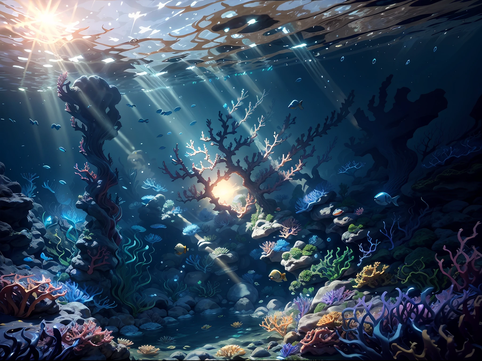 an underwater game scene with fishes and corals, sun shine through the water create an serene feeling, unreal engine five, game style, best quality, masterpiece