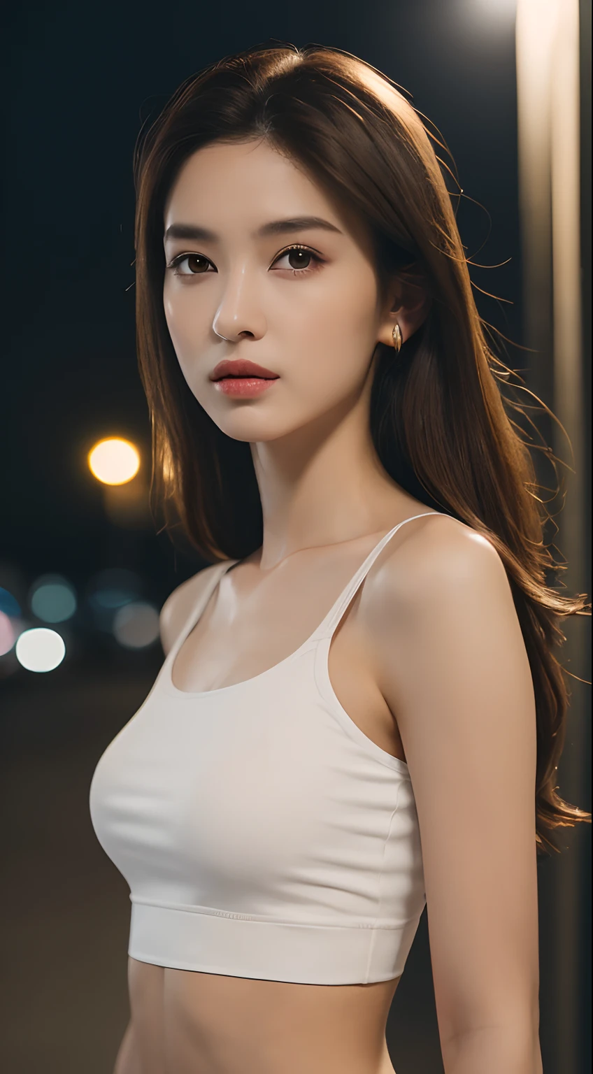 ((Realistic lighting, Best quality, 8K, Masterpiece: 1.3)), Clear focus: 1.2, 1girl, Perfect Figure: 1.4, Slim Abs: 1.1, ((Dark brown hair)), (White crop top: 1.4), (Outdoor, Night: 1.1), City streets, Super fine face, Fine eyes, Double eyelids,