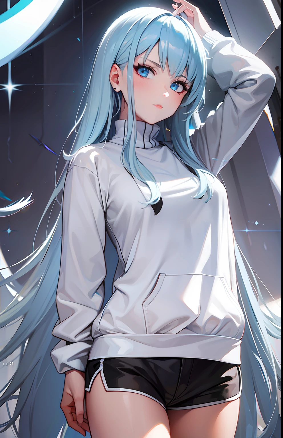 nigth，White sweatshirt，Black  shorts，Long light blue hair，female，quadratic element