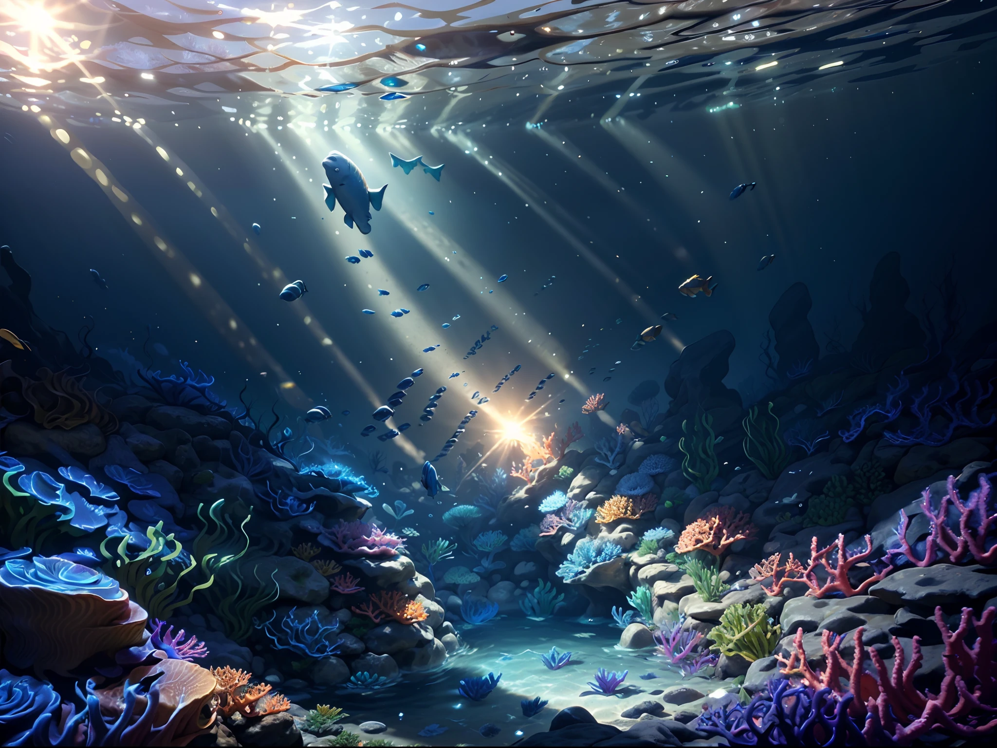 an underwater game scene with fishes and corals, sun shine through the water create an serene feeling, unreal engine five, game style, best quality, masterpiece