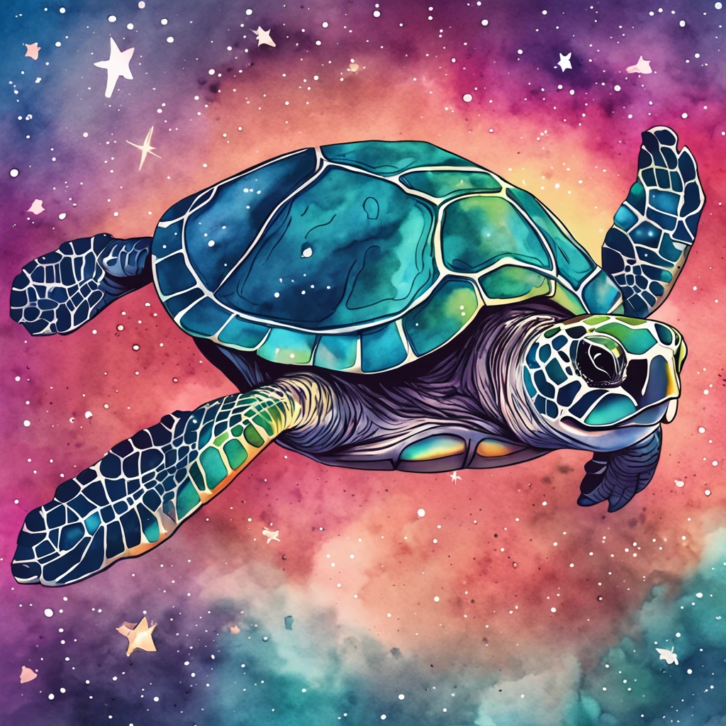 Top-down view,A colorful watercolor turtle,starryskybackground