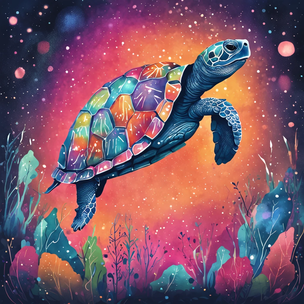 Top-down view，A colorful watercolor turtle，starryskybackground