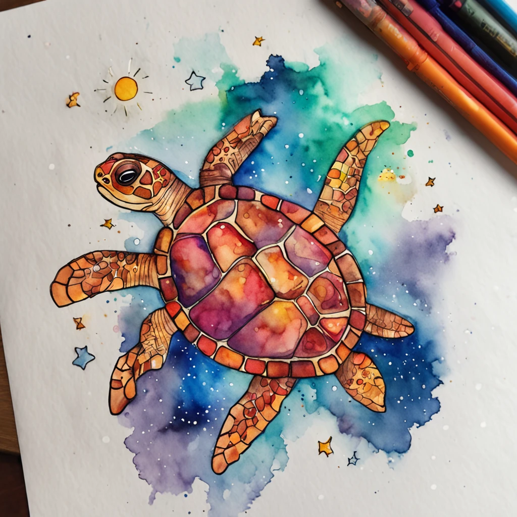 Top-down view,A colorful watercolor turtle,starryskybackground