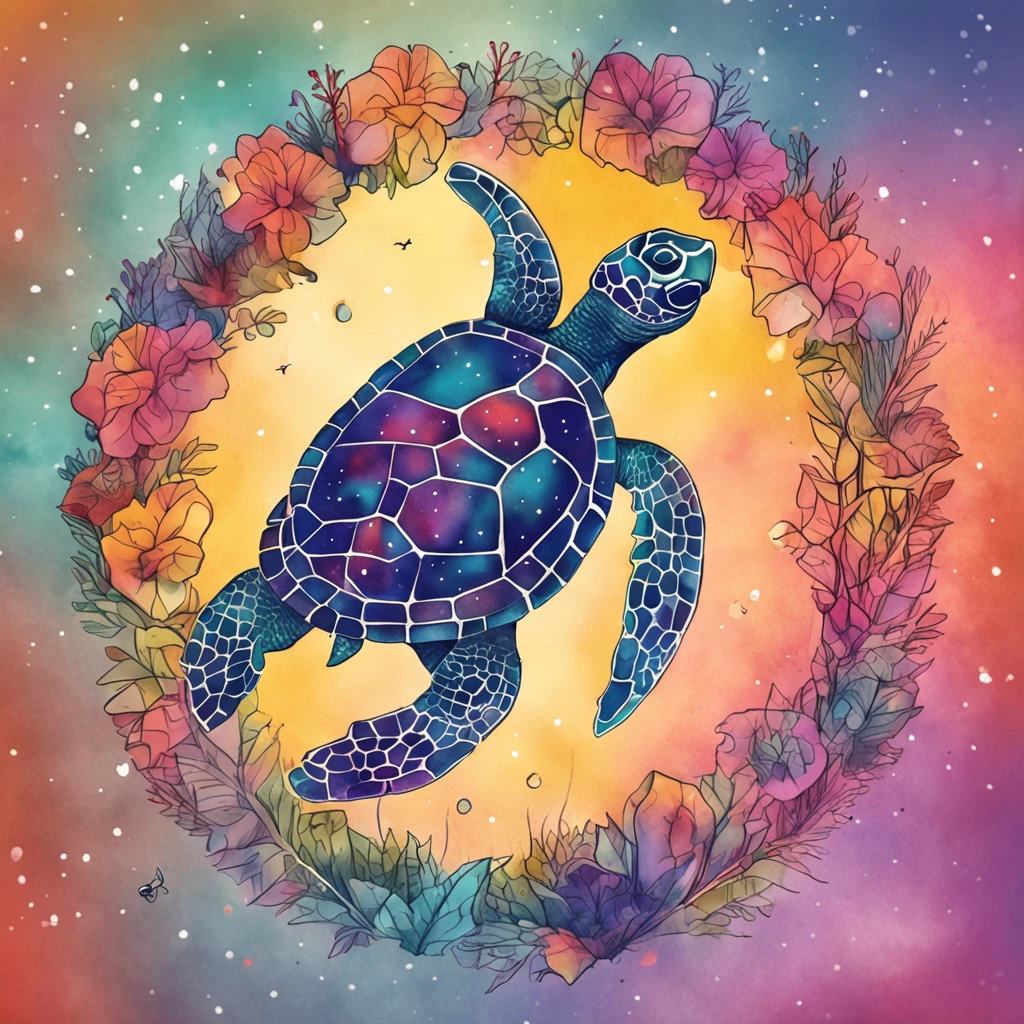 Top-down view,A colorful watercolor turtle,starryskybackground