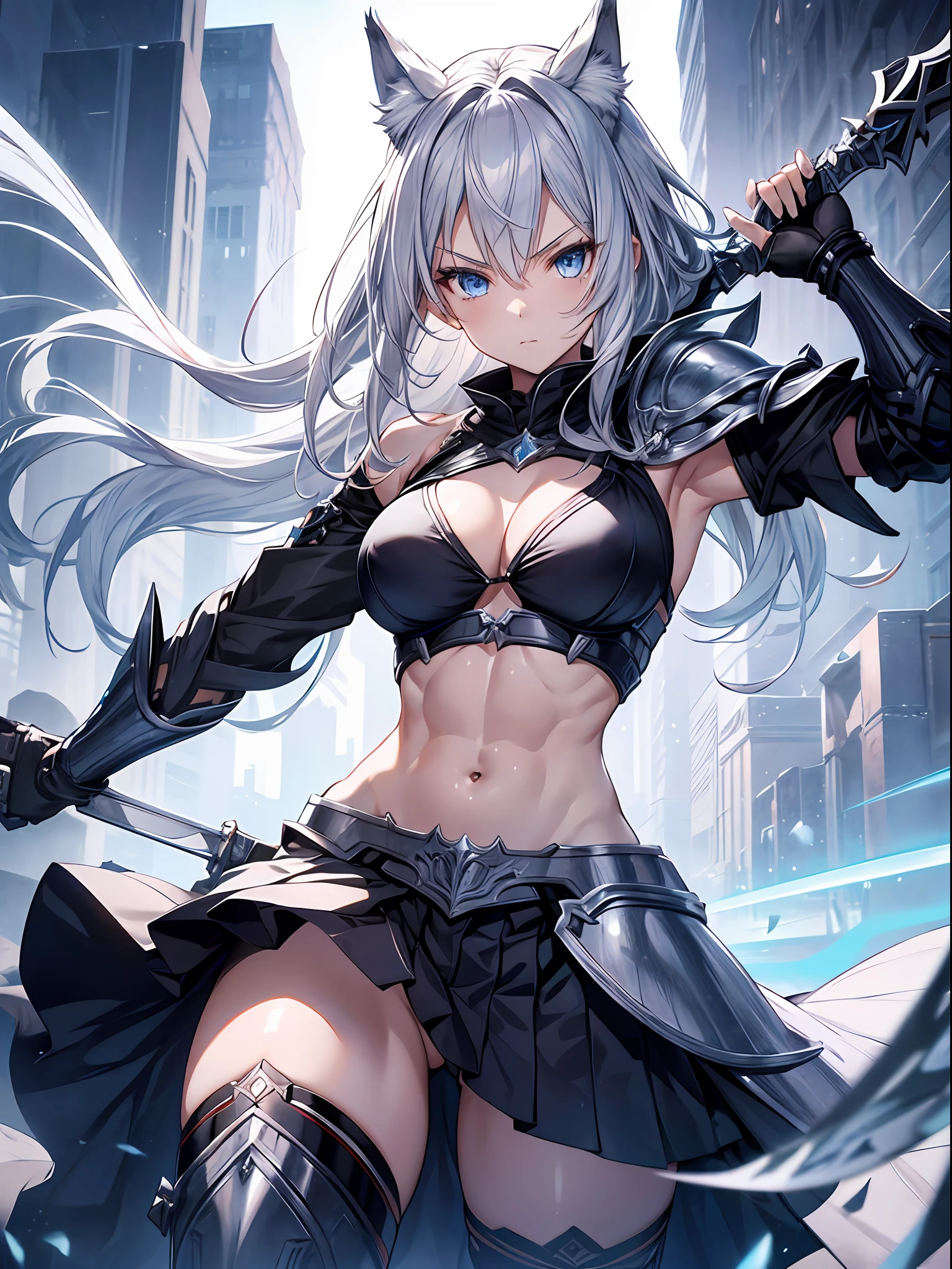 1 girl,Serious,Silver hair,Wolf ears,Blue eyes,Bikini Armor,Holding a long sword,Abs,Dynamic Pose,Dynamic Angle,Intricate details, Hyper realistic, Perfect Anatomy