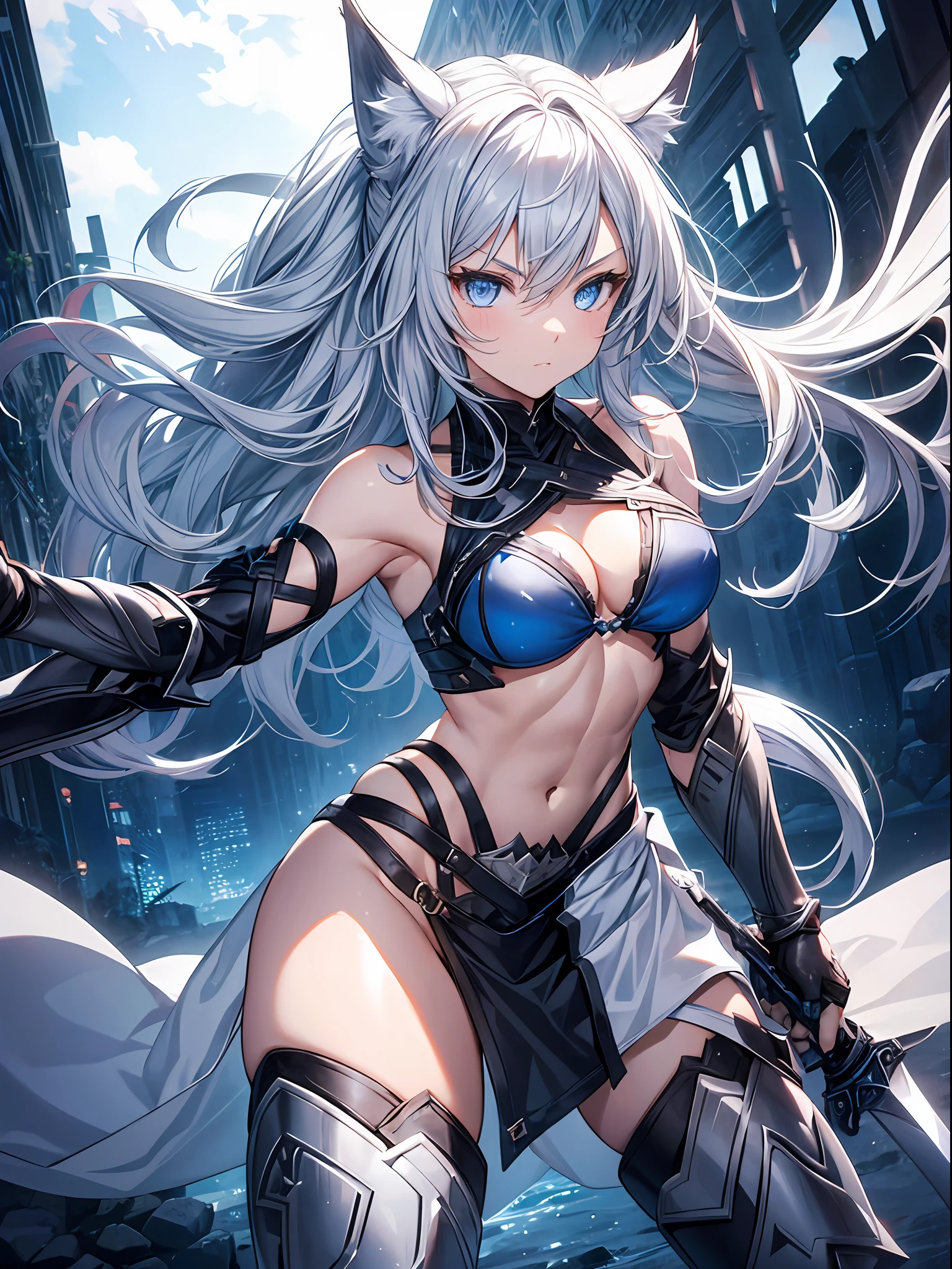 1 girl,Serious,Silver hair,Wolf ears,Blue eyes,Bikini Armor,Holding a long sword,Abs,Dynamic Pose,Dynamic Angle,Intricate details, Hyper realistic, Perfect Anatomy