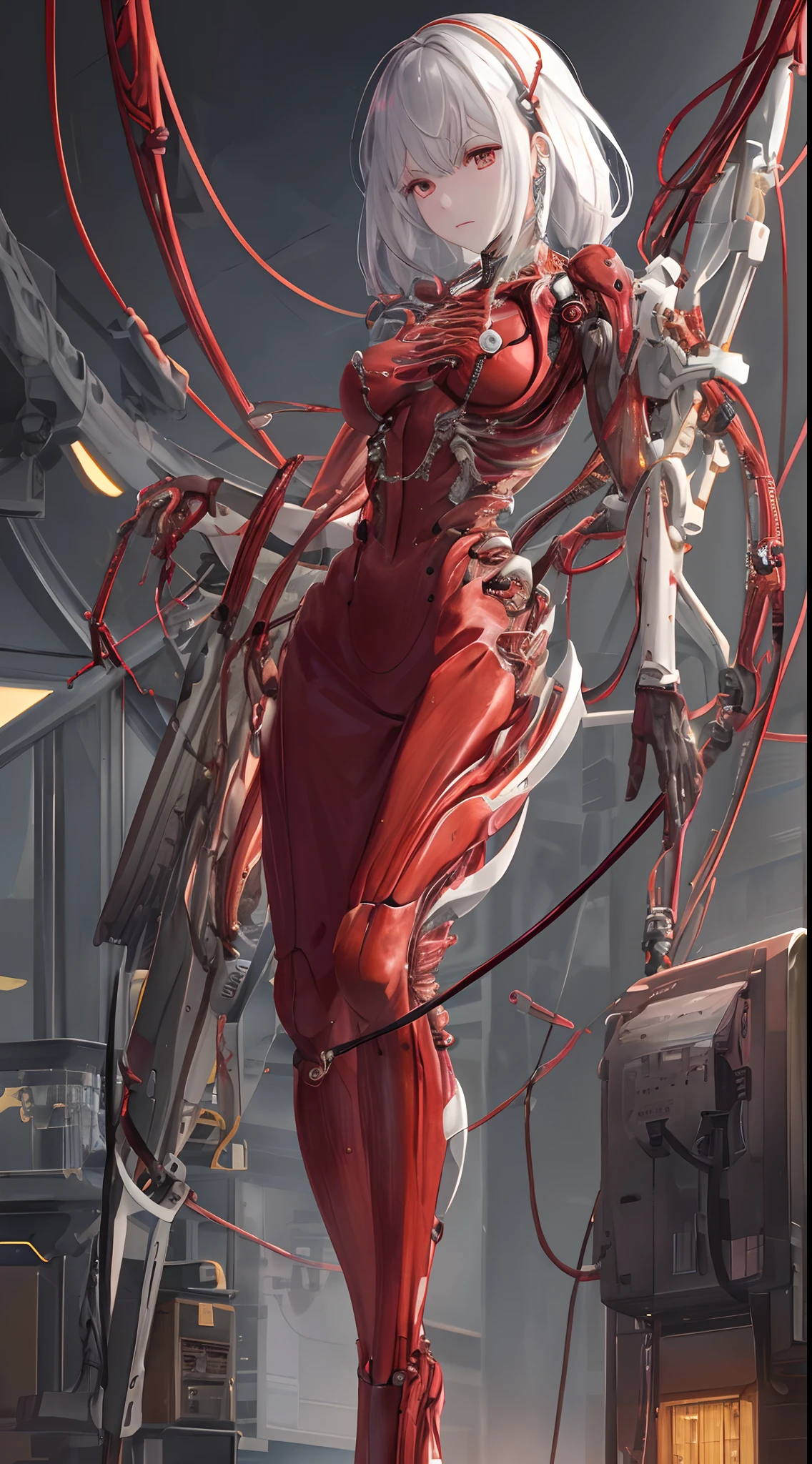 Full body like,(tmasterpiece,top Quority,best qualtiy,offcial art,Beauty and aesthetics:1.2),(1girll:1.3),Extremely detailed,plethora of colors,Most detailed((ultra - detailed)),(highly detailed CGillustration),((Very fine and beautiful),cinematic lighitnglamplight,((1 mechanical girl)),solo person,full bodyesbian,(Machine-made joints:1.2),((Mechanical limb)),(Blood vessel attached to tube), (Mechanical vertebrae are attached to the back),((The mechanical cervical vertebrae are attached to the neck)),face expressionless,(Wires and cables are attached to the neck:1.2),(Wires and cables on the head:1.2)(Character focus),Science fiction,(blood volume:1.5),((Mechanical limb)), (The blood vessels are attached to the tube), ((The mechanical spine is attached to the back)), ((The mechanical cervical vertebrae are attached to the neck)1机械女孩,((hyper realistic detailed)),detailed face with,globalillumination,shadowing,rendering by octane,8k,Super sharp,metals,复杂,Decorations detailed,cool colours,egypician detail,highly intricate detail,realistic raytraicing,trend in CGSociety,glowing light eyes,facing at the camera,neon light detail,Mechanical limbs,blood vessels attached to the tube,A mechanical submeter attached to the neck,wires and cables connecting to head,blood,Killing machines,