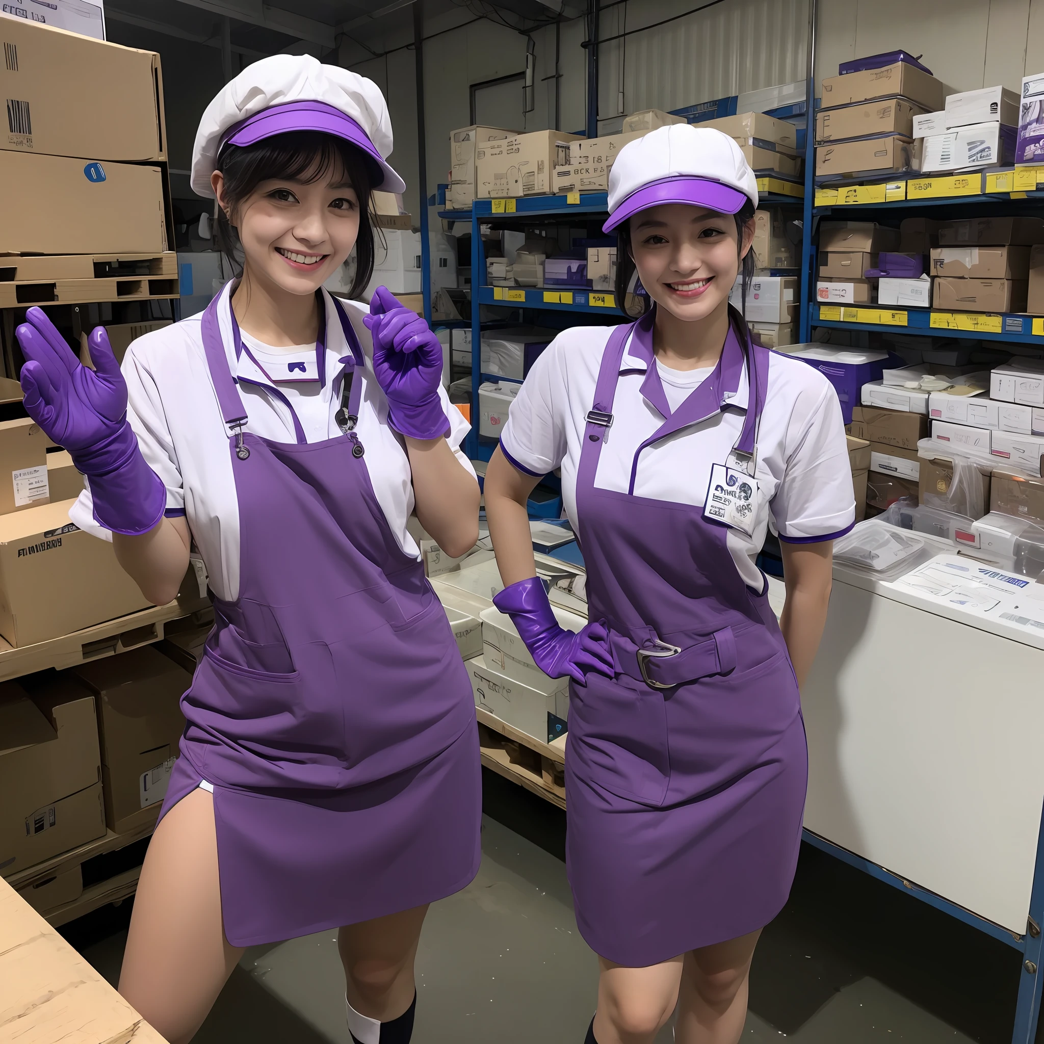 Female, 30s, Japan,Wearing a work shirt,Wear a hat,A smile,Show around the warehouse,Recruitment,piece sign、Enamel gloves、Purple enamel gloves、Purple enamel gloves、long rubber gloves in purple color,、Glossy purple gloves